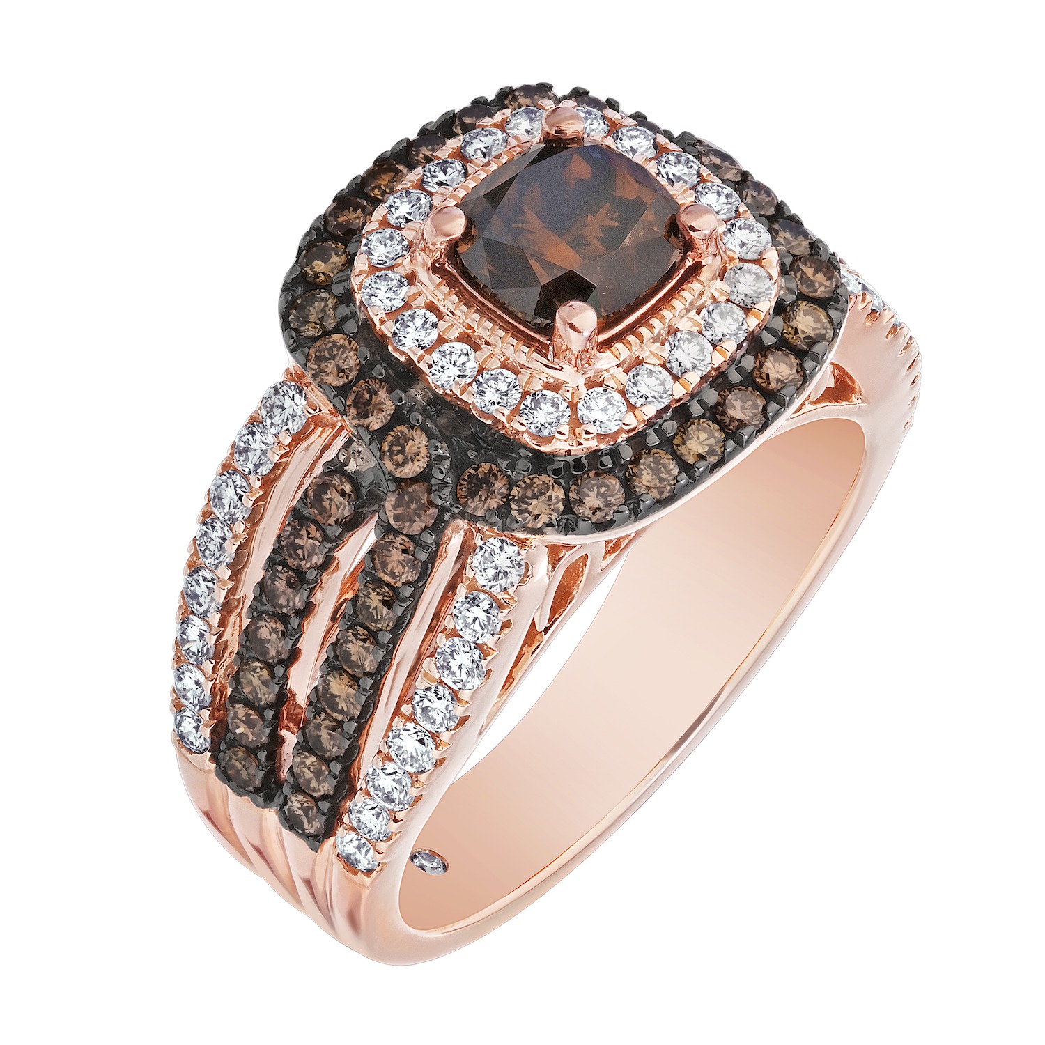 Cinnamon Dulce&trade; 14k Rose Gold Cushion Cognac Center Double Halo Wide Pave Shank Engagement Ring 2.25 Ctw
