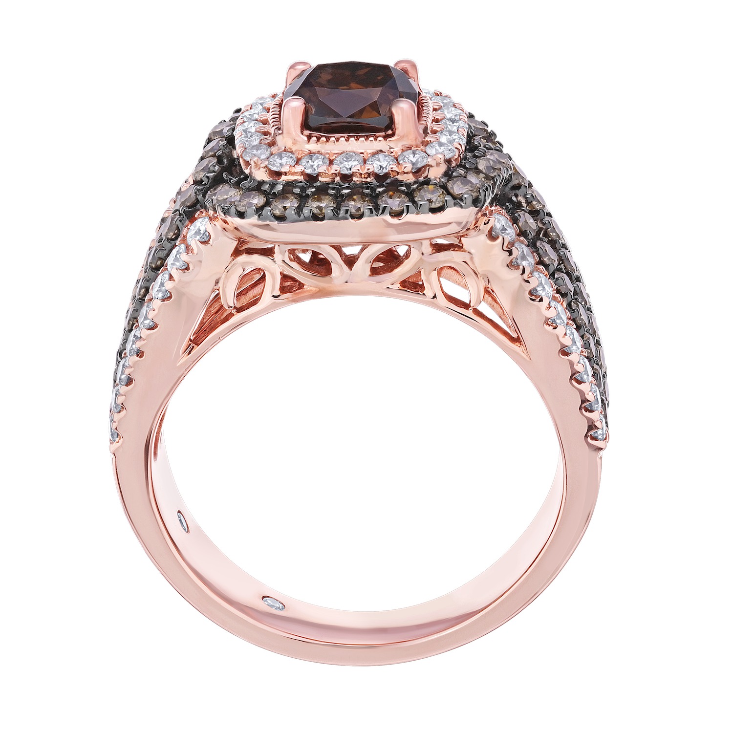Cinnamon Dulce&trade; 14k Rose Gold Cushion Cognac Center Double Halo Wide Pave Shank Engagement Ring 2.25 Ctw