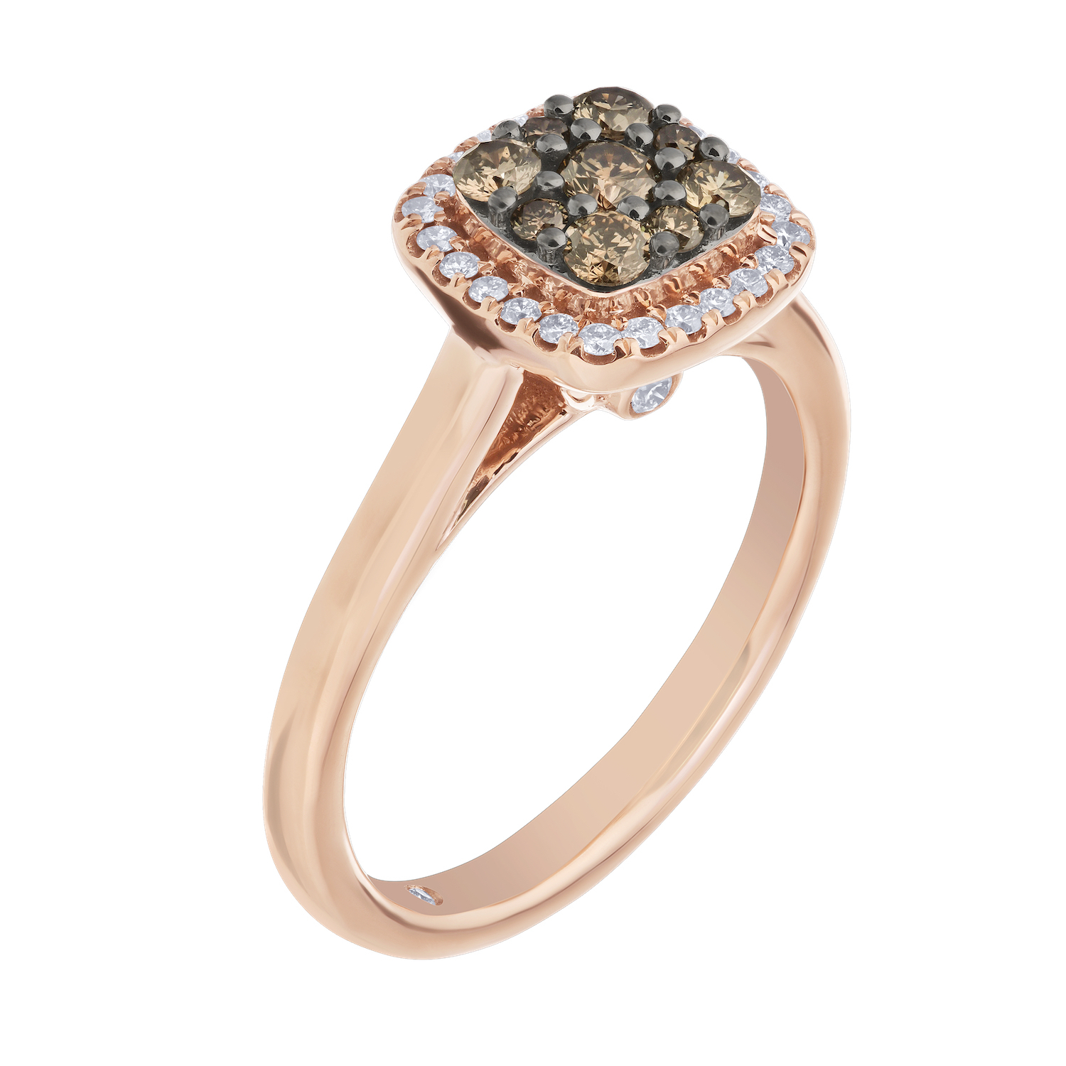 Cinnamon Dulce&trade; 14K Rose Gold Cushion Cognac Cluster Center With Halo Plain Shank Diamond & Cognac 0.50 Ctw