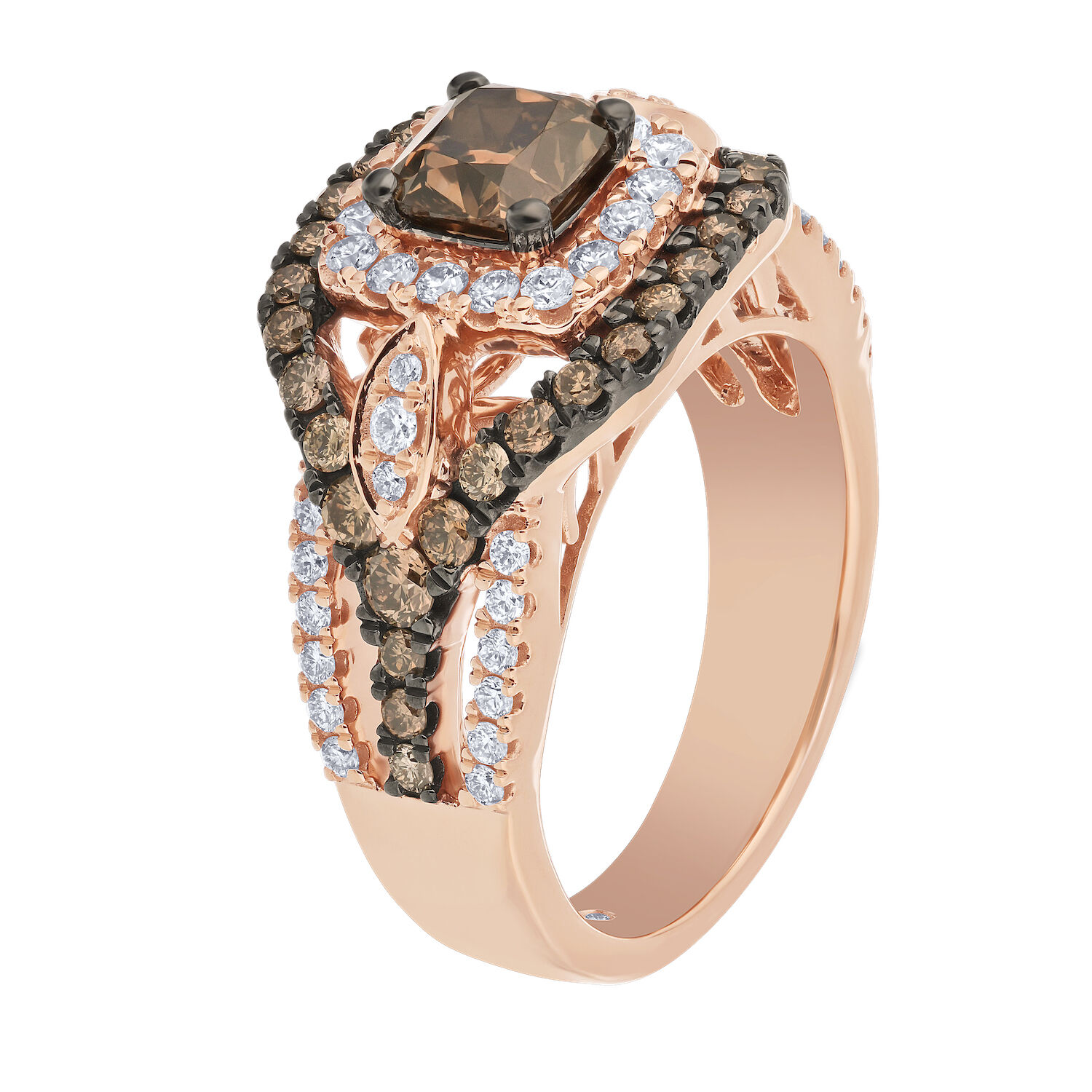 Cinnamon Dulce&trade; 14K Rose Gold Cognac Cushion Cognac & White Wide Pave Set Diamond & Cognac 2.08 Ctw