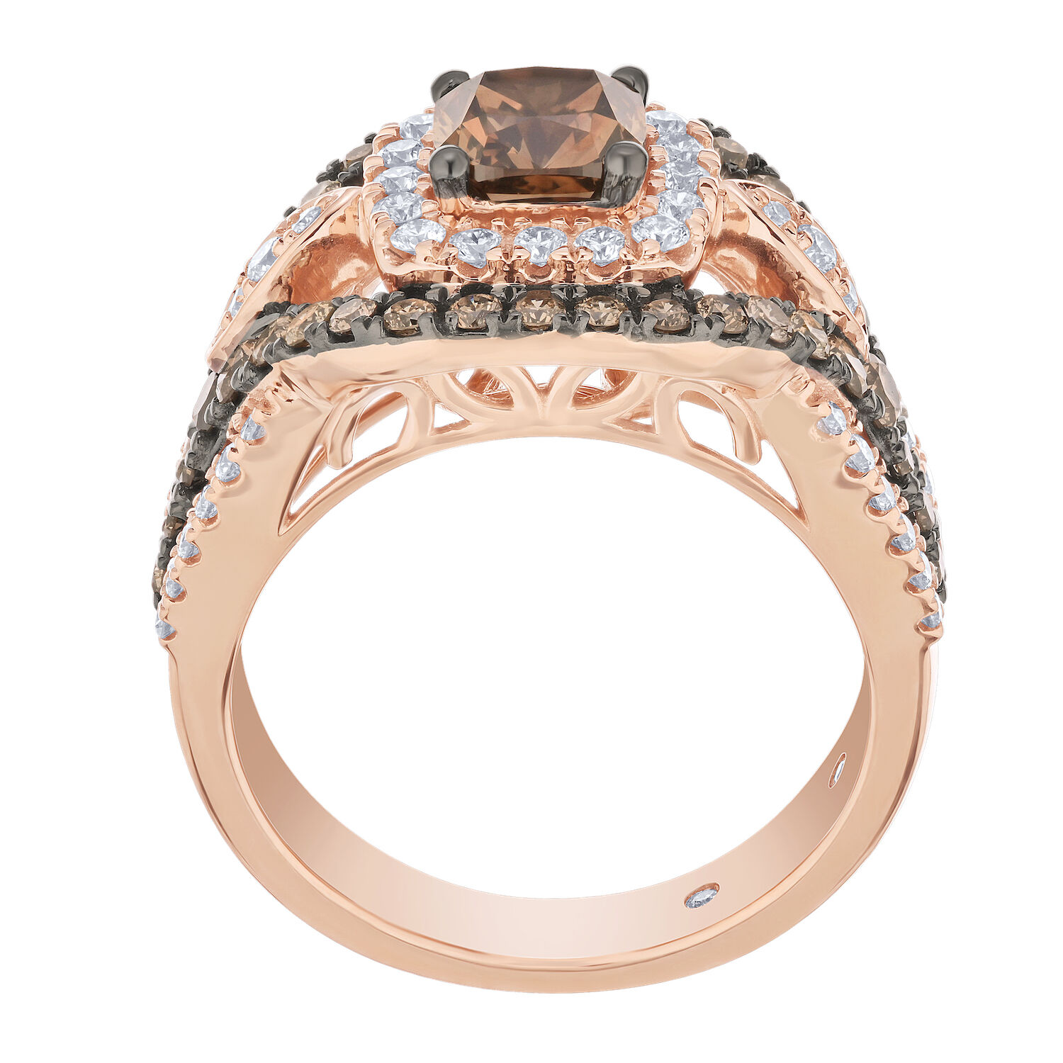 Cinnamon Dulce&trade; 14K Rose Gold Cognac Cushion Cognac & White Wide Pave Set Diamond & Cognac 2.08 Ctw