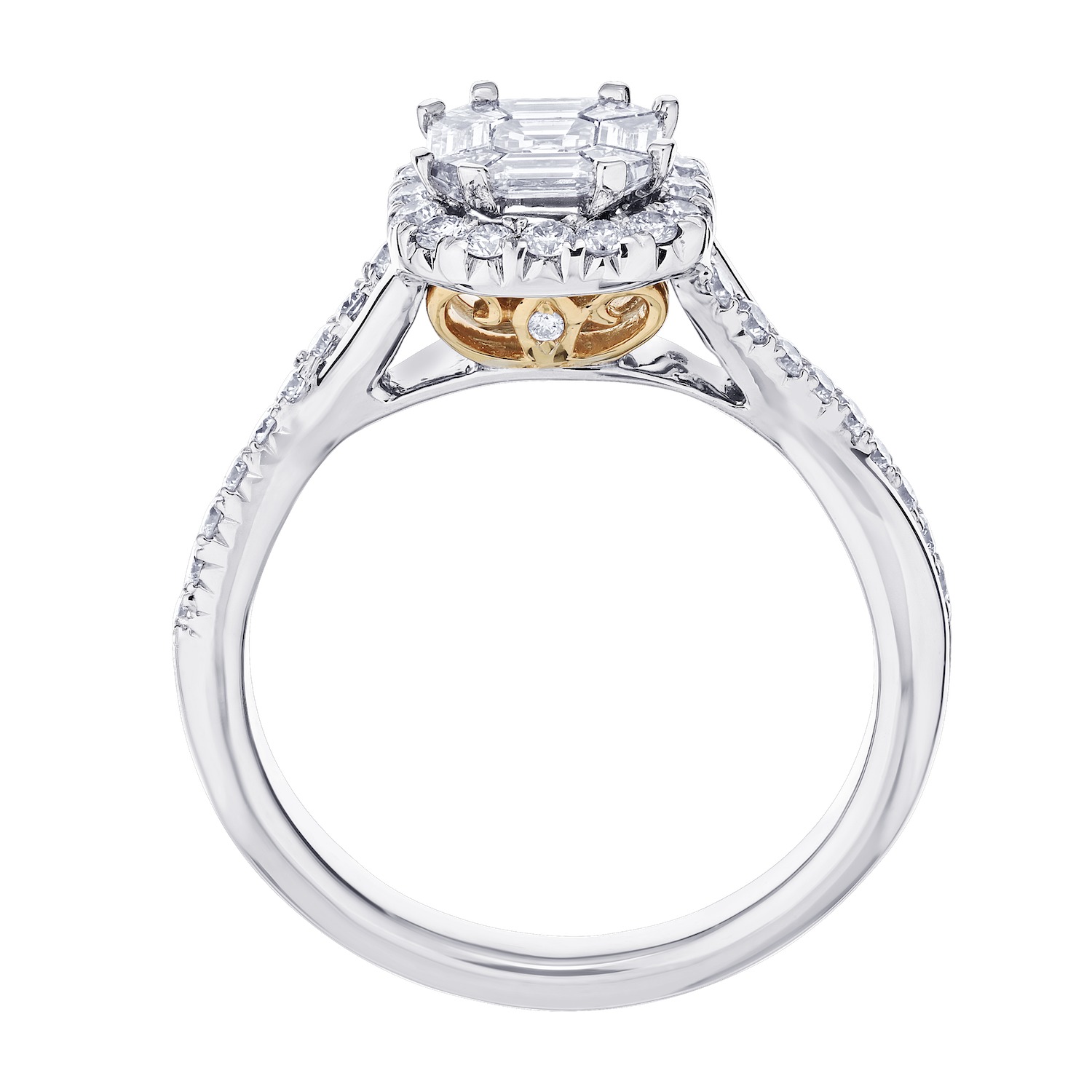Compozit&trade; 14K Two Tone Asscher Shape Halo Crossover Shoulders Ring Diamond 0.77 Ctw Cutting Edge Technology