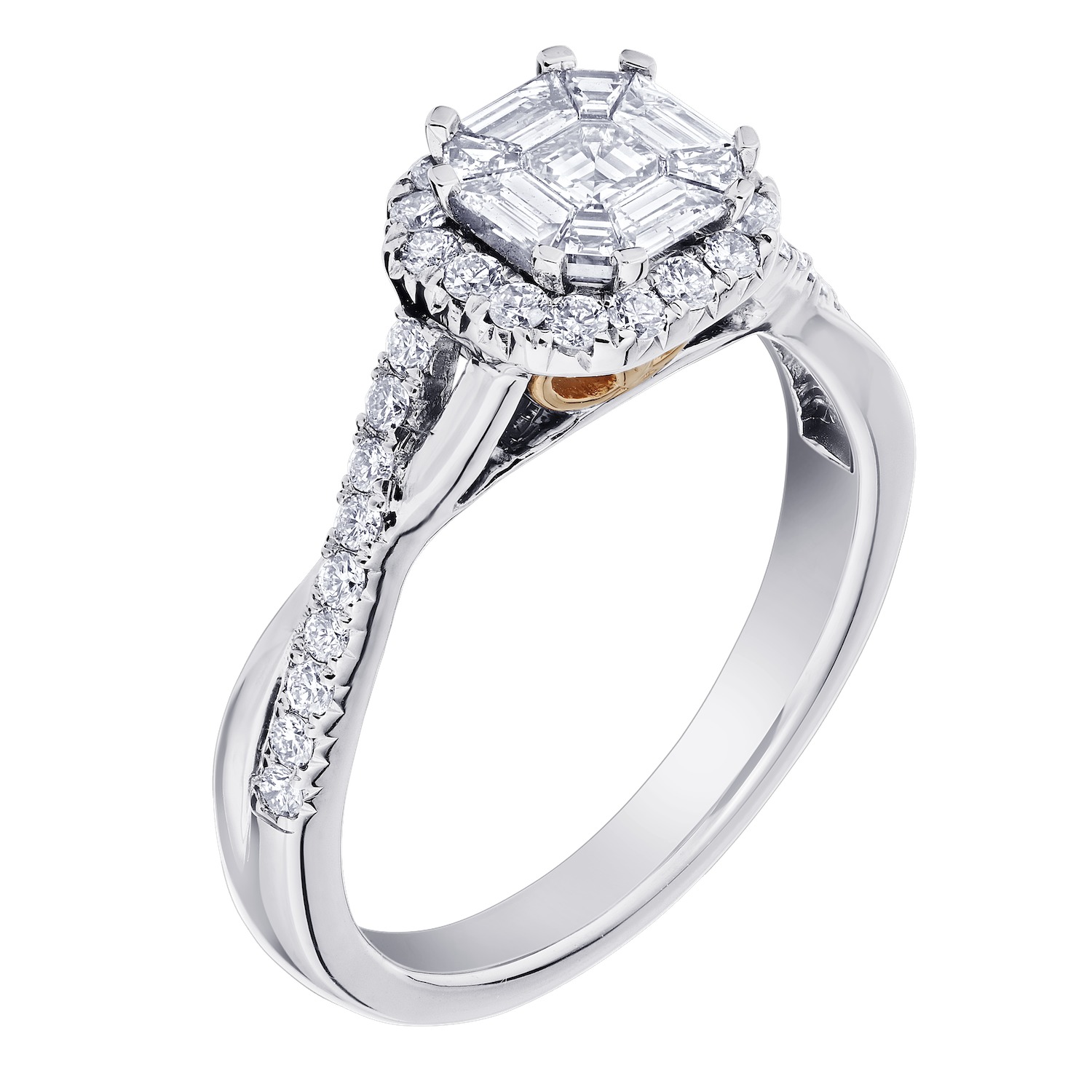 Compozit&trade; 14K Two Tone Asscher Shape Halo Crossover Shoulders Ring Diamond 0.77 Ctw Cutting Edge Technology