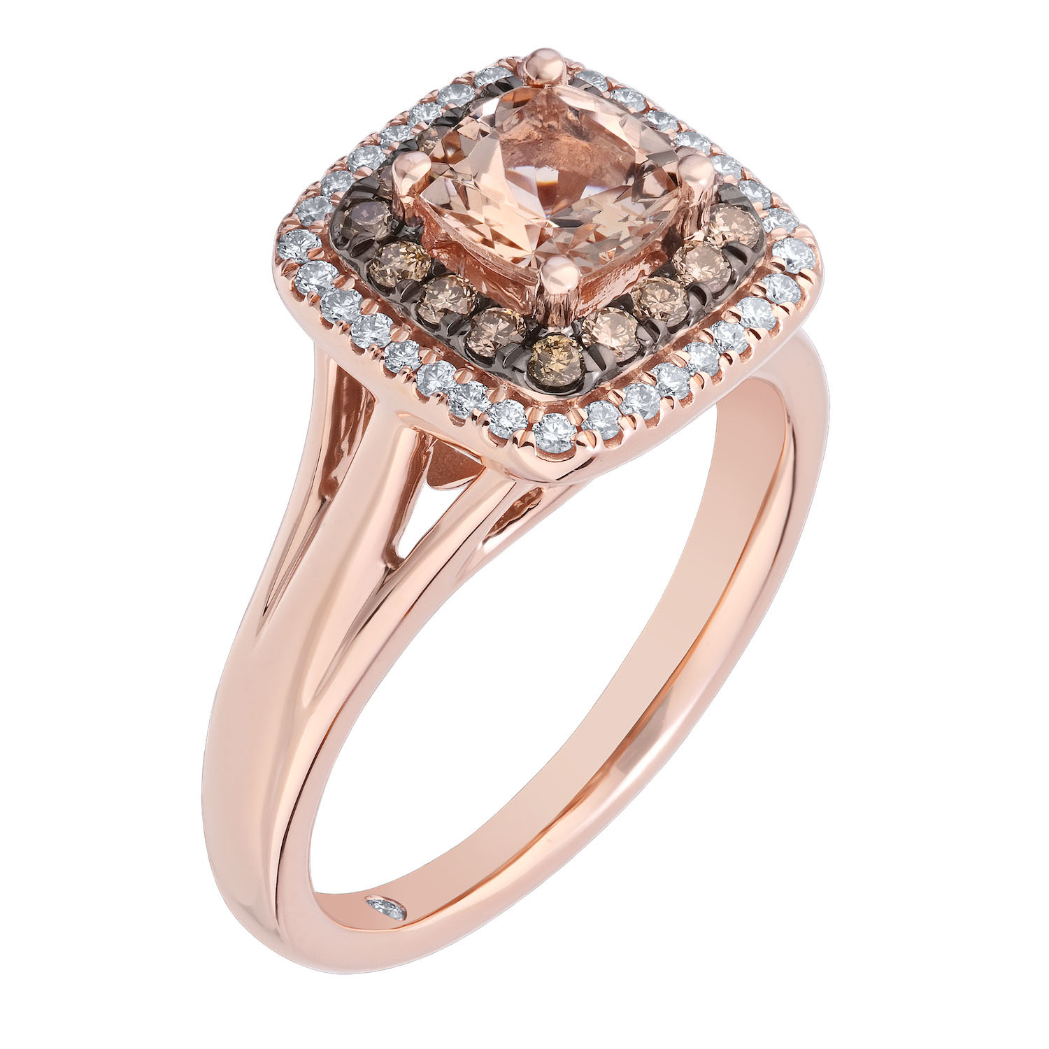 Peach Blossom&trade; 14k Rose Gold Cushion Center Double Halo Cognac & White Ring Diamond 1.20 Ctw