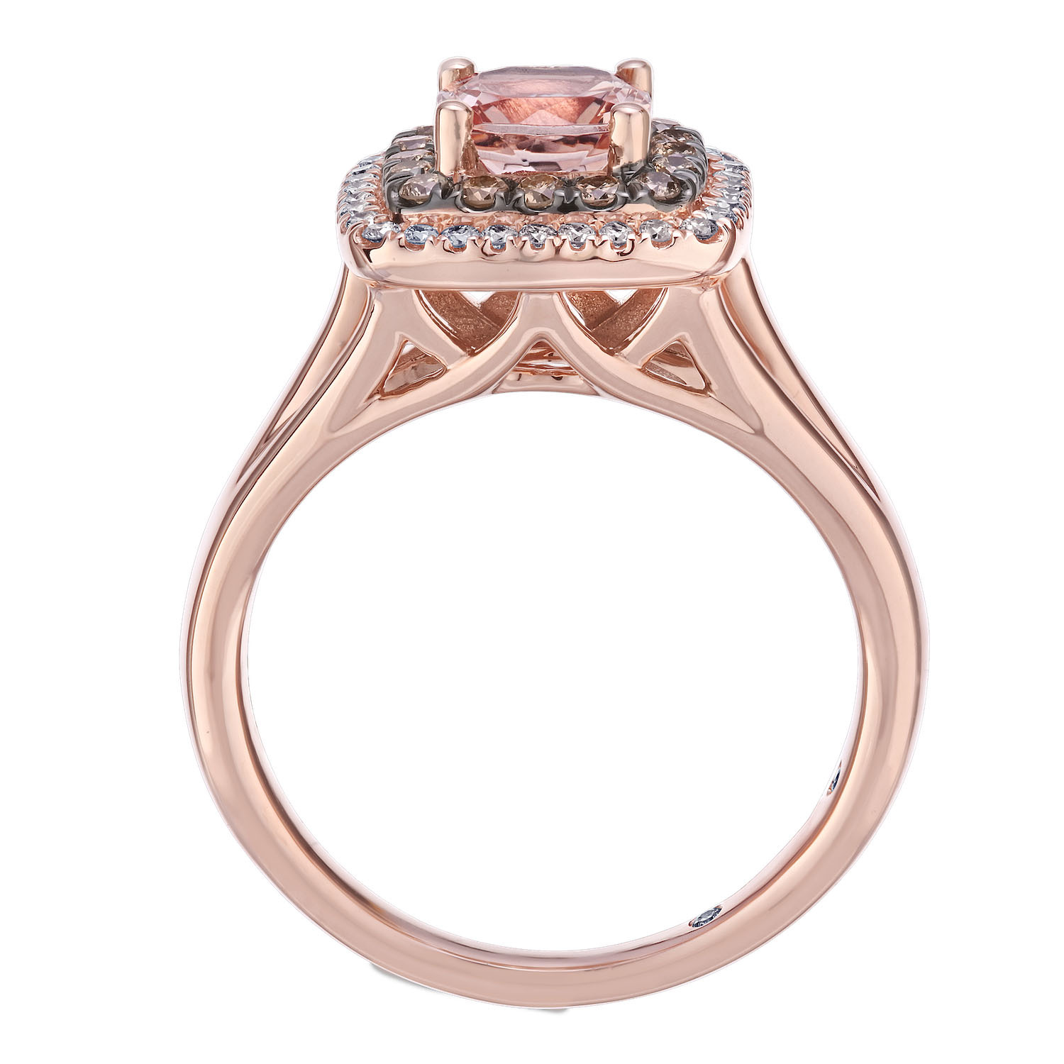 Peach Blossom&trade; 14k Rose Gold Cushion Center Double Halo Cognac & White Ring Diamond 1.20 Ctw