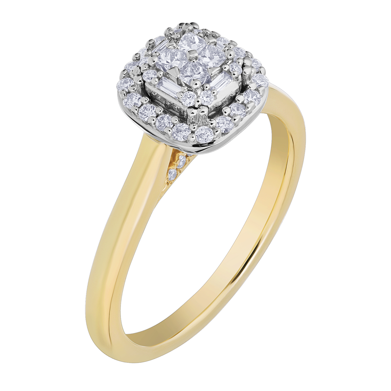 Multiplicity&trade; 14K Two Tone Cushion Shape Baguette & Round Cluster with Halo 0.39 Ctw Diamond