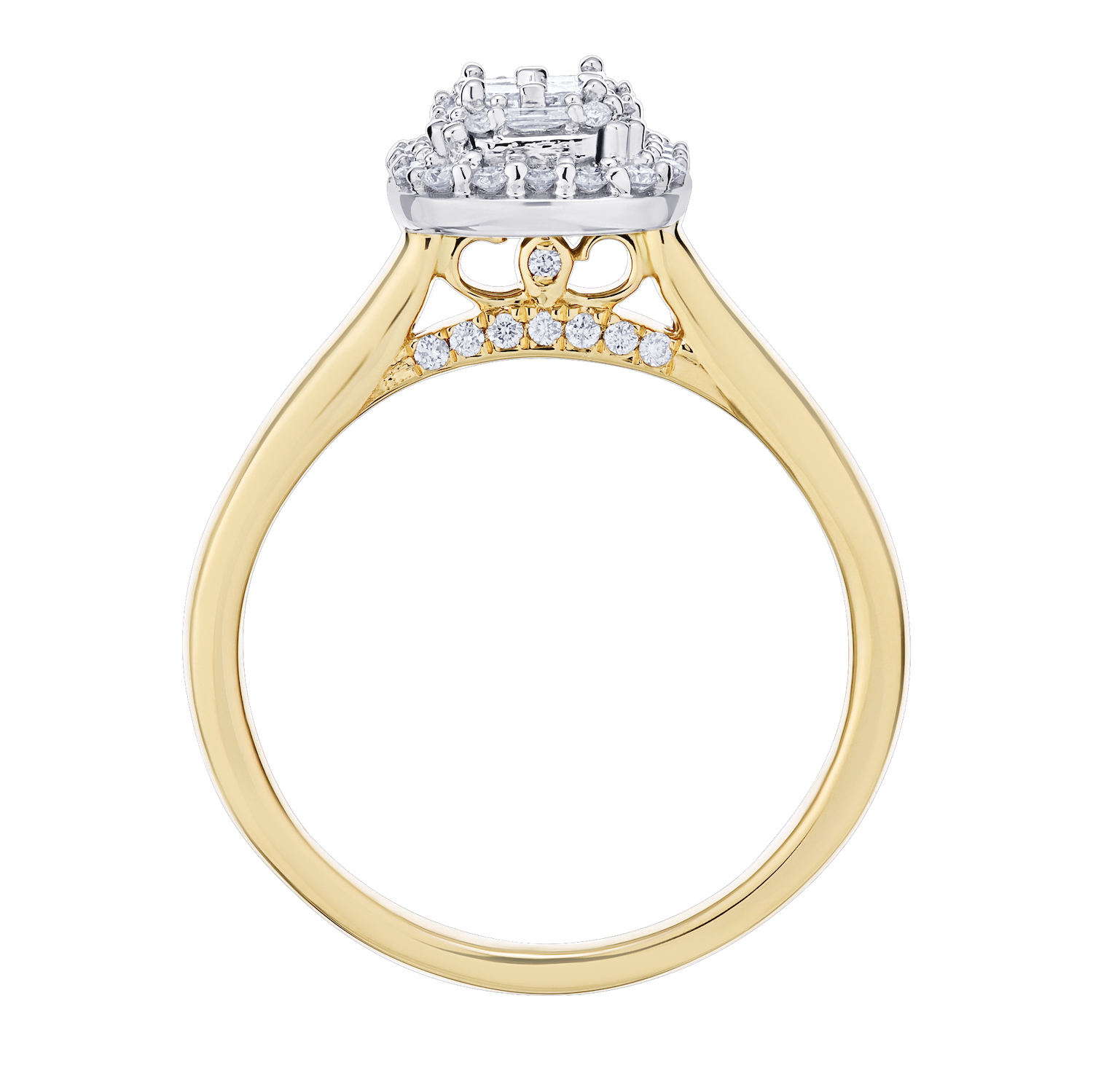 Multiplicity&trade; 14K Two Tone Cushion Shape Baguette & Round Cluster with Halo 0.39 Ctw Diamond