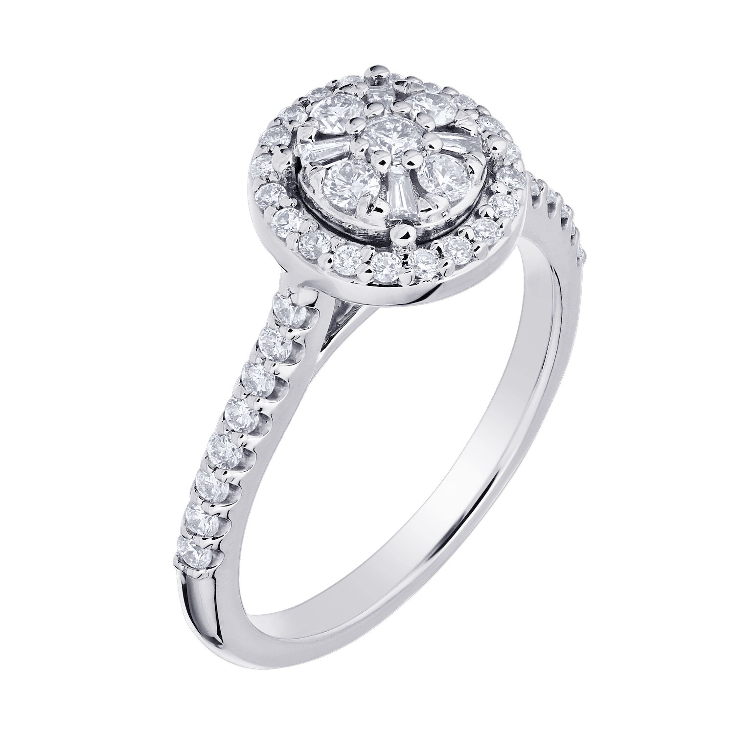 Multiplicity&trade; 14K White Gold Round Shape Baguette & Round Cluster with Halo 0.60 Ctw Diamond