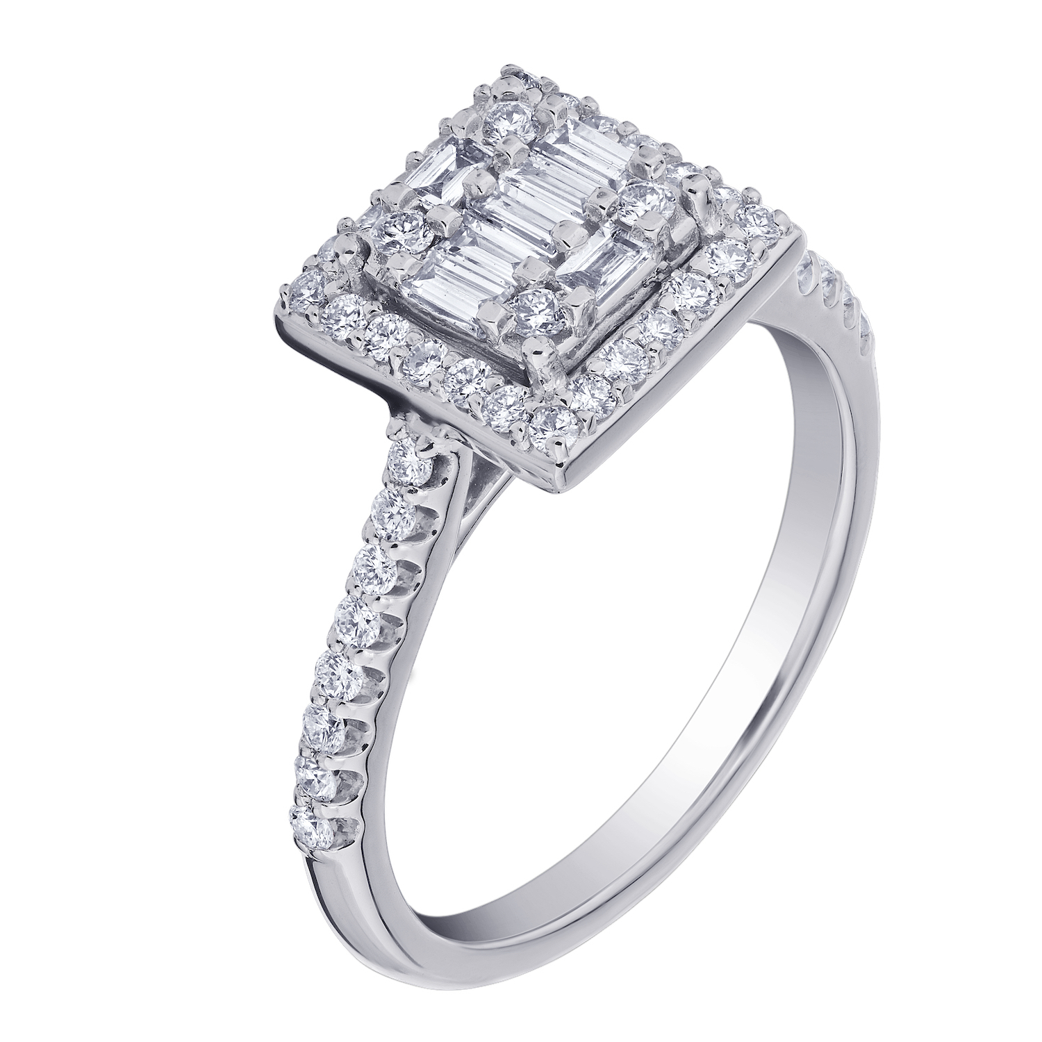 Multiplicity&trade; 14K White Gold Square Shape Baguette & Round Cluster with Halo 0.64 Ctw Diamond