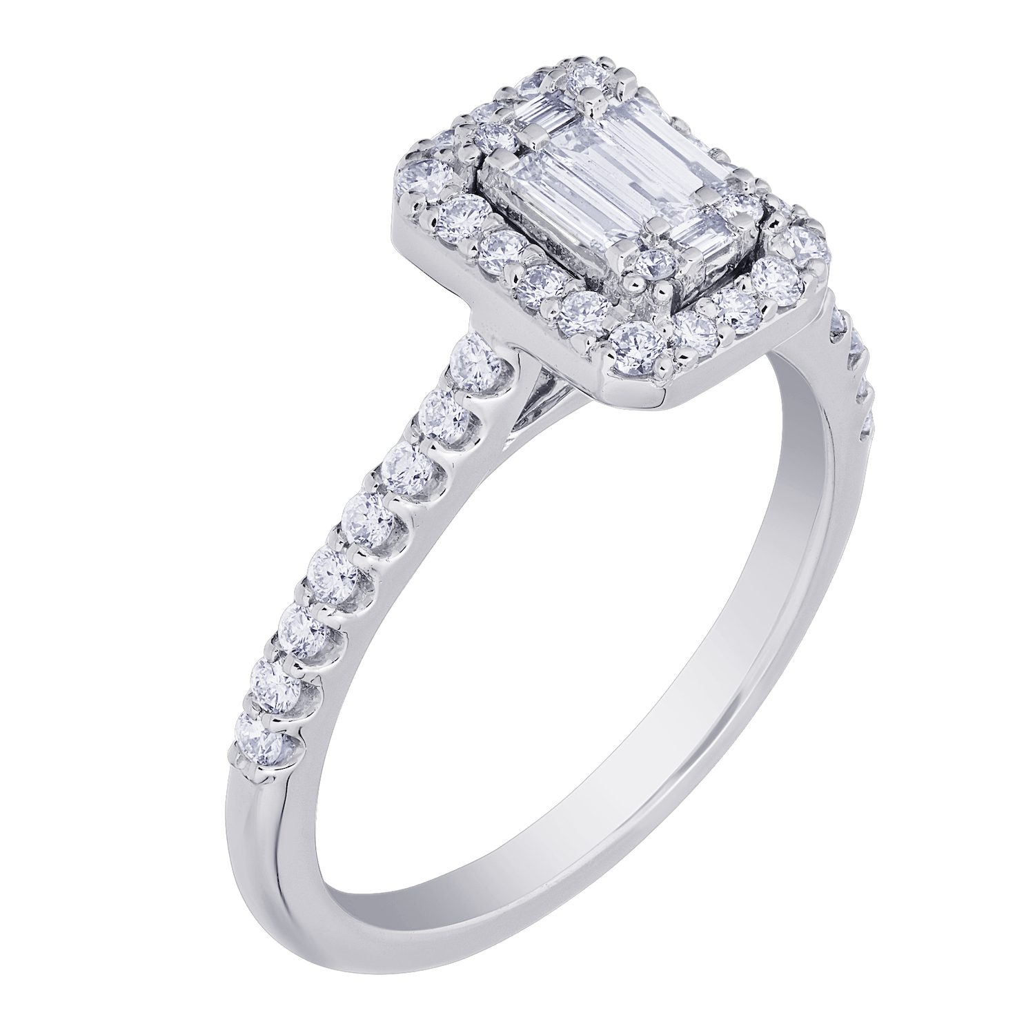 Multiplicity&trade; 14K White Gold Emerald Shape with Halo Baguette & Round 0.64 Ctw Diamond