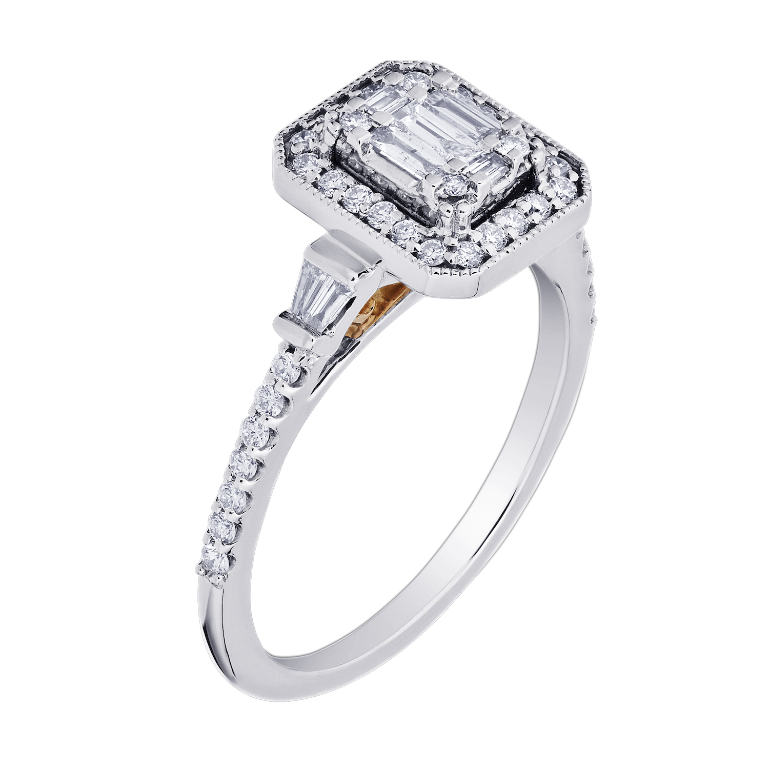 Multiplicity&trade; 14K Two Tone Emerald Shape with Halo Taper Baguette Shoulders 0.51 Ctw Diamond