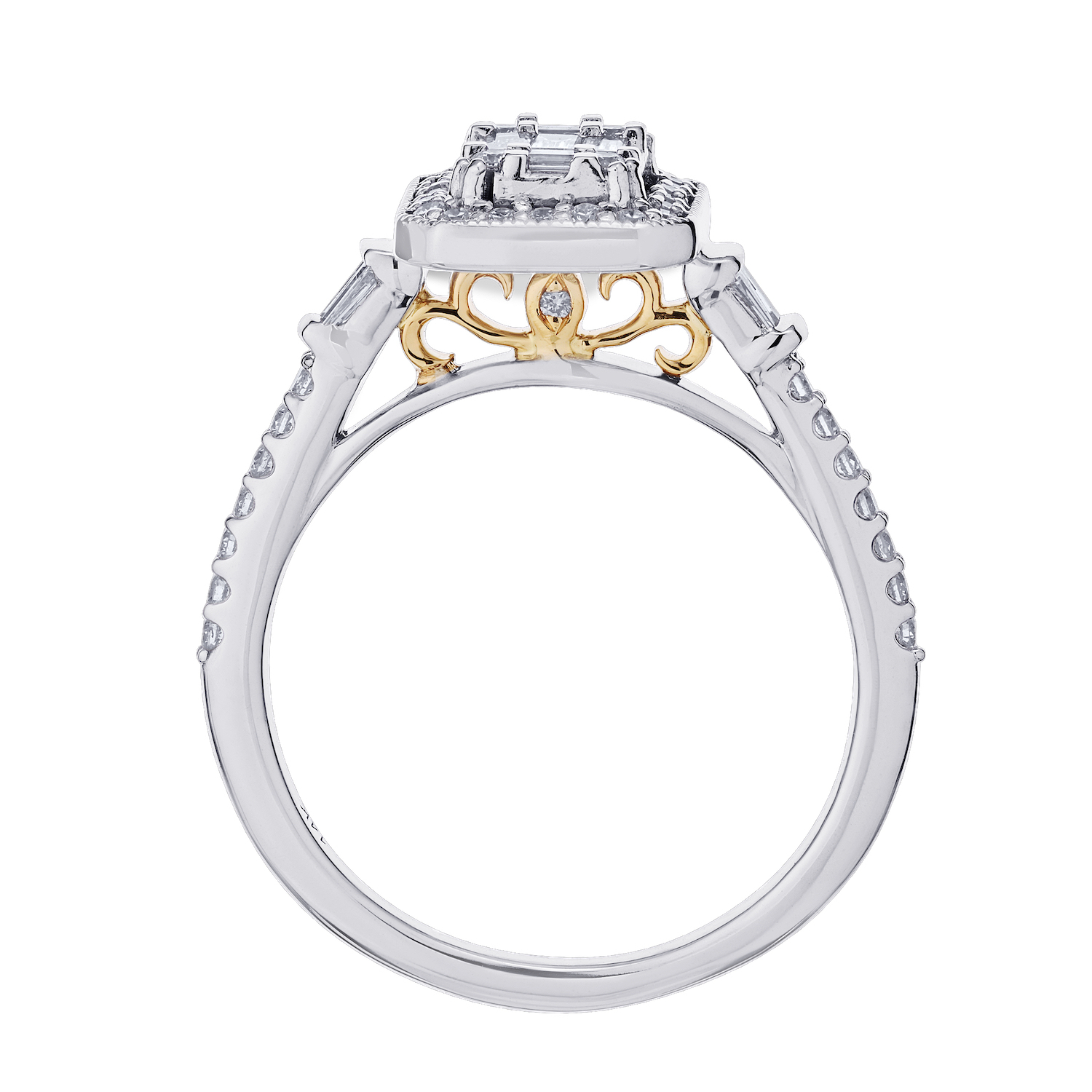 Multiplicity&trade; 14K Two Tone Emerald Shape with Halo Taper Baguette Shoulders 0.51 Ctw Diamond