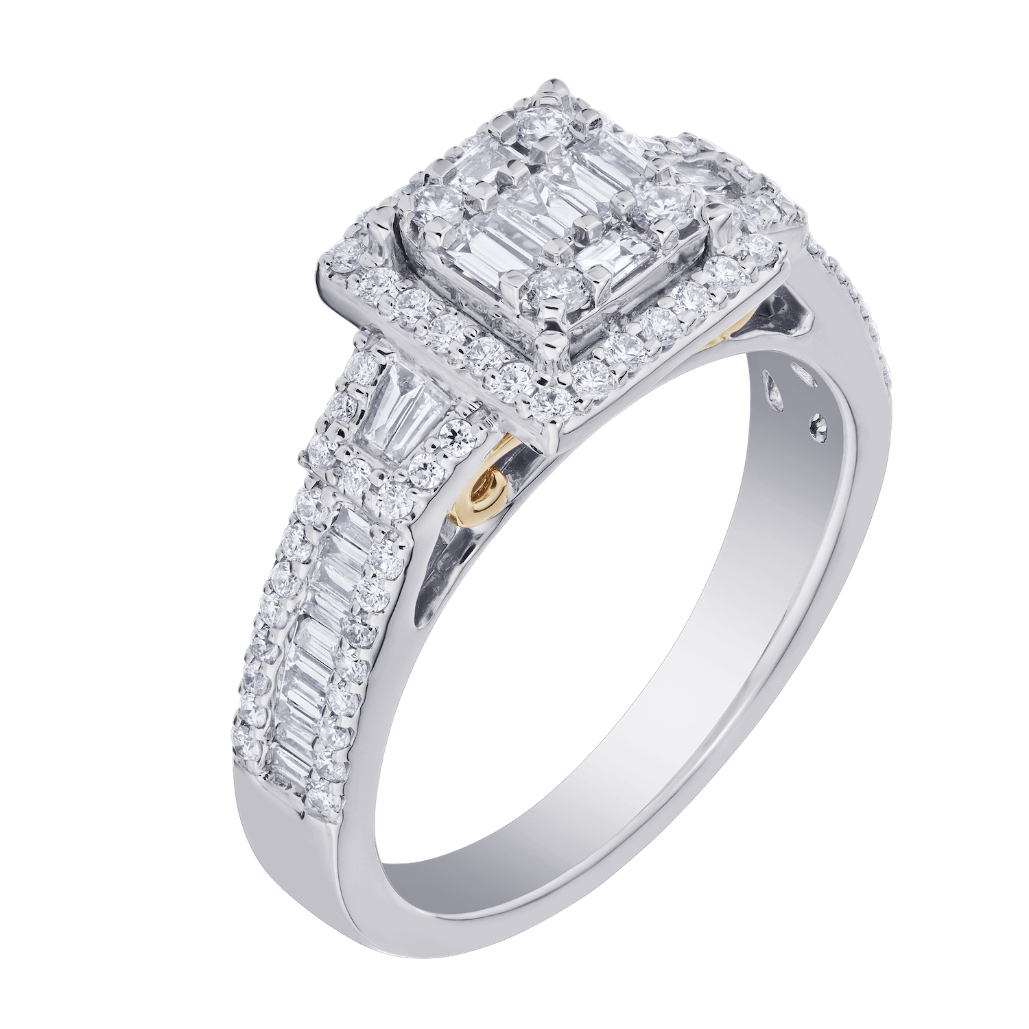 Multiplicity&trade; 14K Two Tone Square Shape Baguette & Round Cluster with Halo Taper Shoulders 0.78 Ctw Diamond