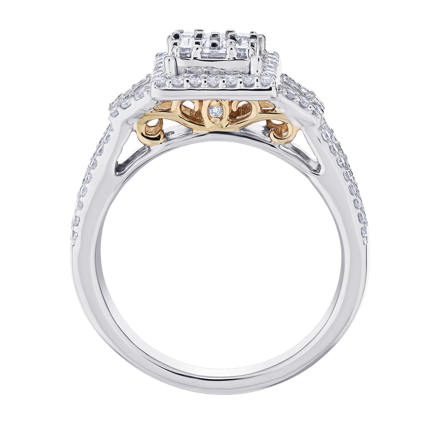 Multiplicity&trade; 14K Two Tone Square Shape Baguette & Round Cluster with Halo Taper Shoulders 0.78 Ctw Diamond