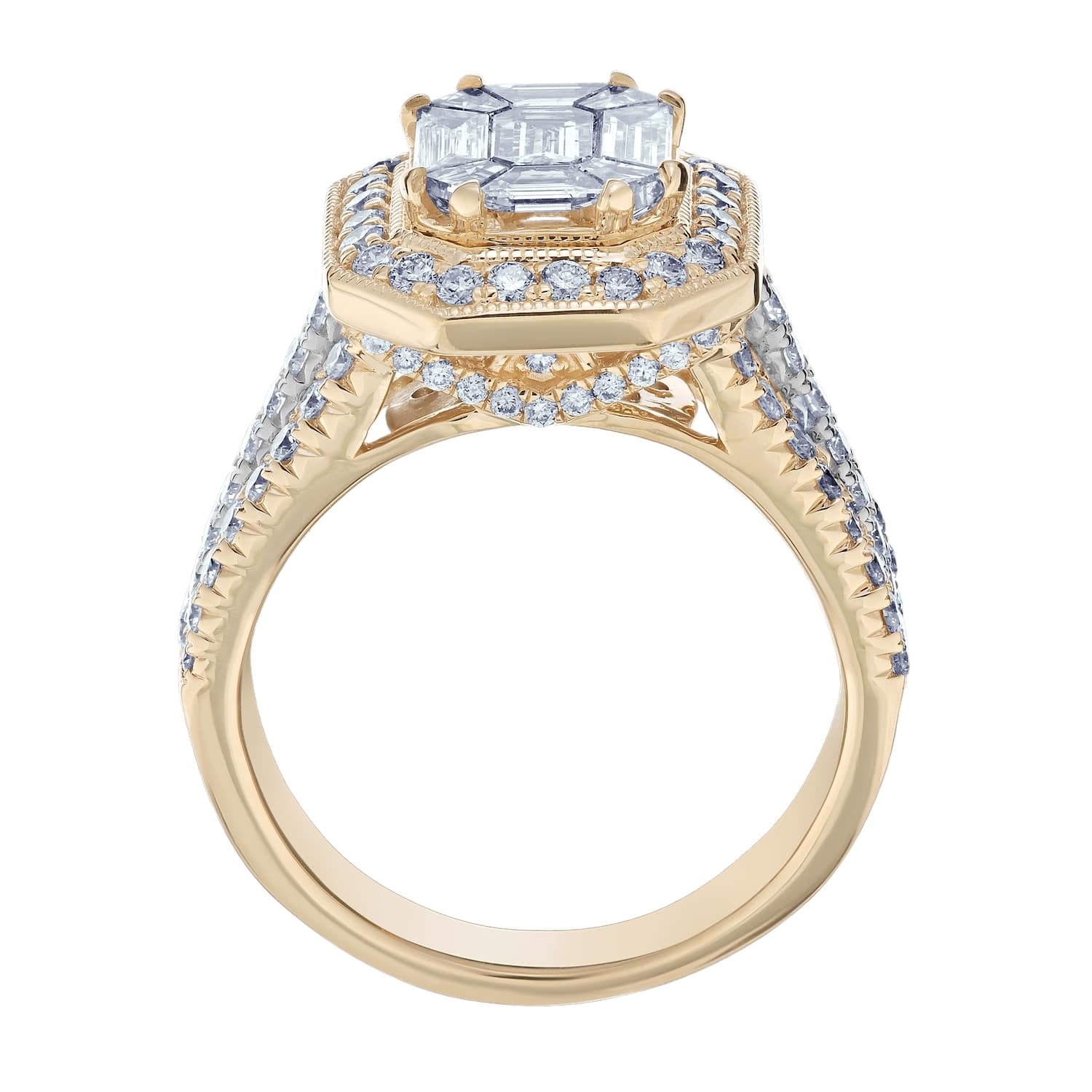 Compozit&trade; 14K Yellow Gold Emerald Shape Center Halo With 3 Row Shoulders Pave Set Ring Diamond 1.98 Ctw Cutting Edge Technology