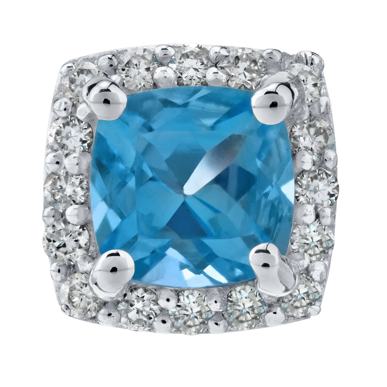 Birthstone Collection 10K White Gold Cushion Center with Halo Studs Earrings Diamond and Blue Topaz 0.80 Ctw