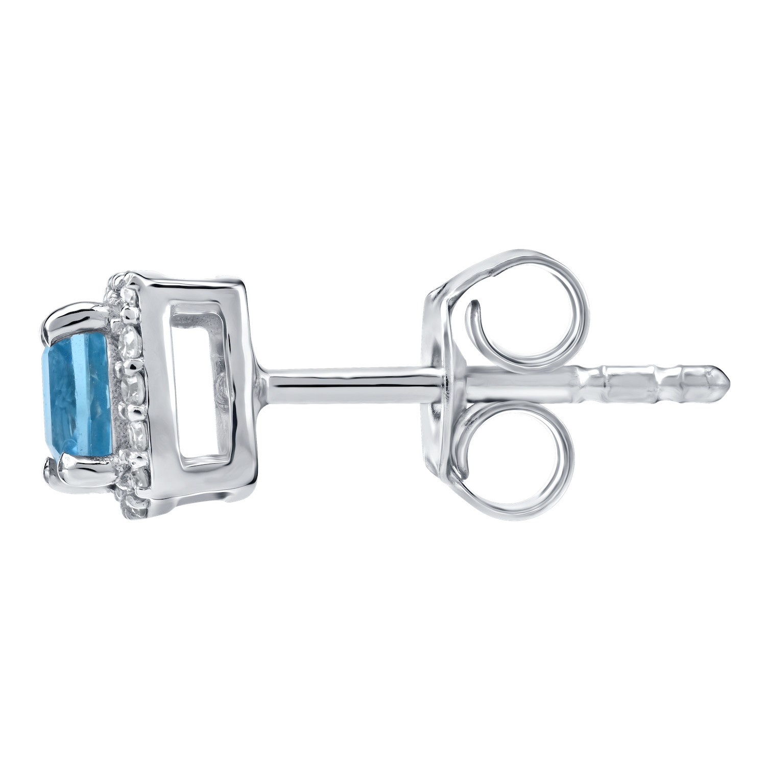 Birthstone Collection 10K White Gold Cushion Center with Halo Studs Earrings Diamond and Blue Topaz 0.80 Ctw