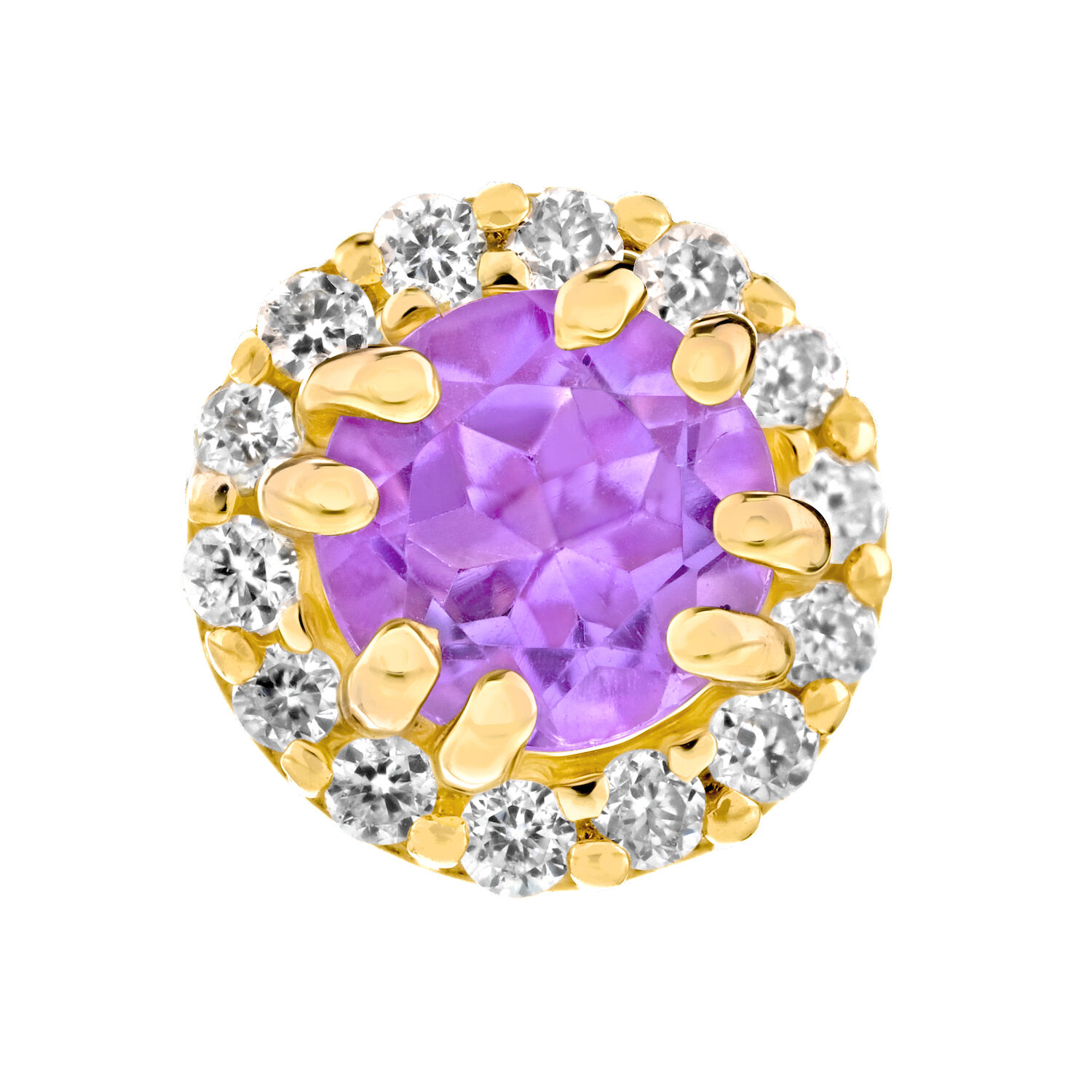 Birthstone Collection 10K Yellow Gold Round Center with Halo Studs Earrings Diamond and Amethyst 0.60 Ctw