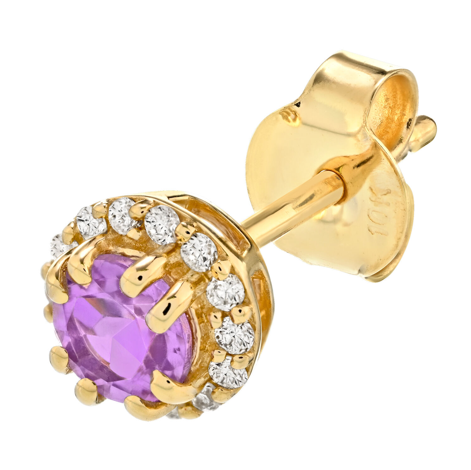 Birthstone Collection 10K Yellow Gold Round Center with Halo Studs Earrings Diamond and Amethyst 0.60 Ctw