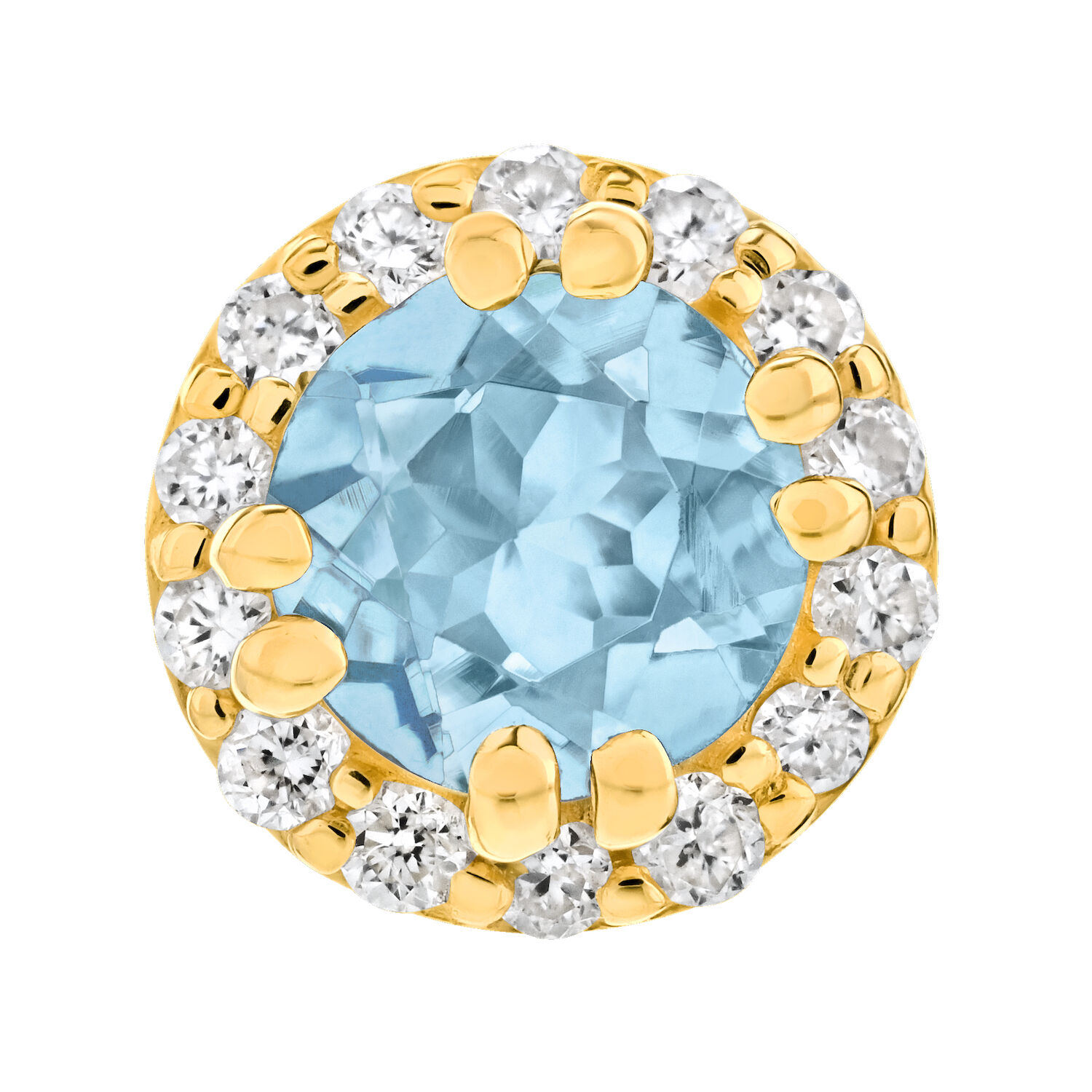 Birthstone Collection 10K Yellow Gold Round Center with Halo Studs Earrings Diamond and Aqua 0.60 Ctw