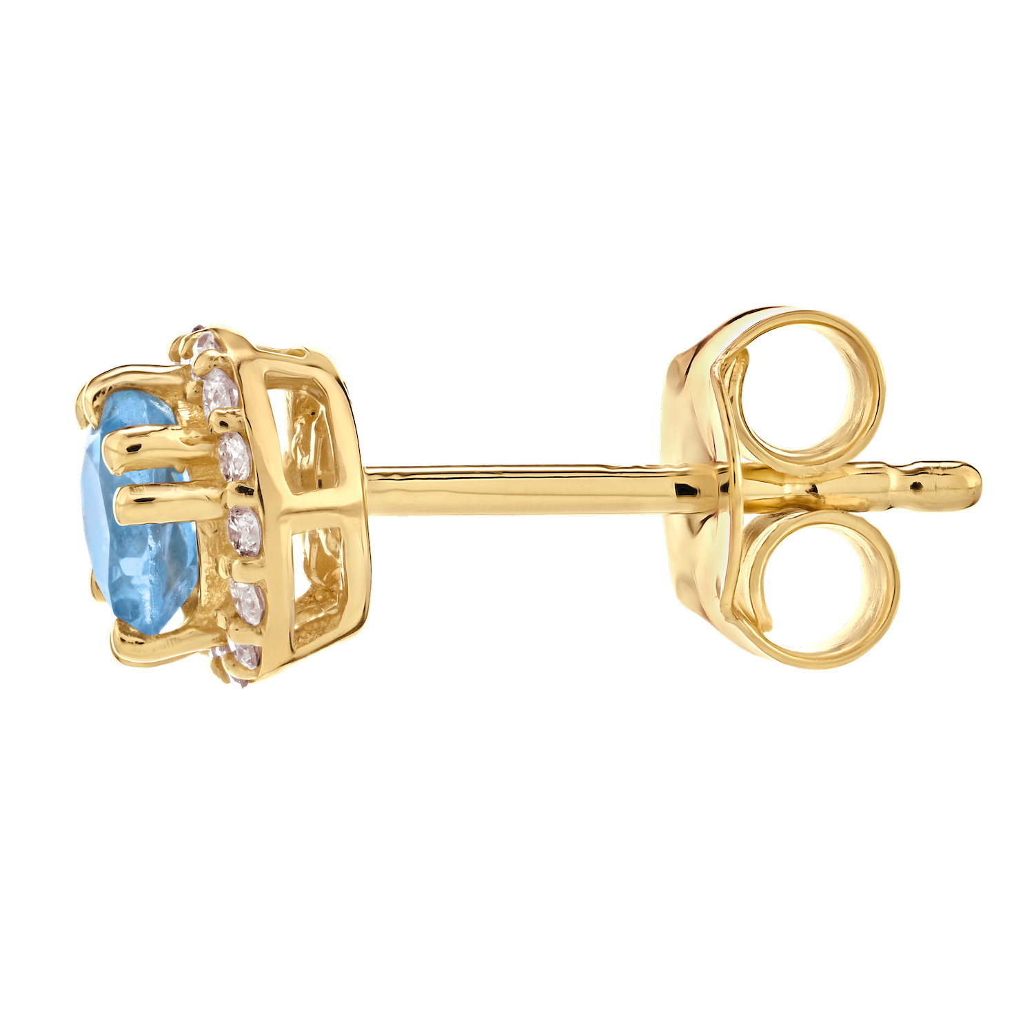 Birthstone Collection 10K Yellow Gold Round Center with Halo Studs Earrings Diamond and Aqua 0.60 Ctw