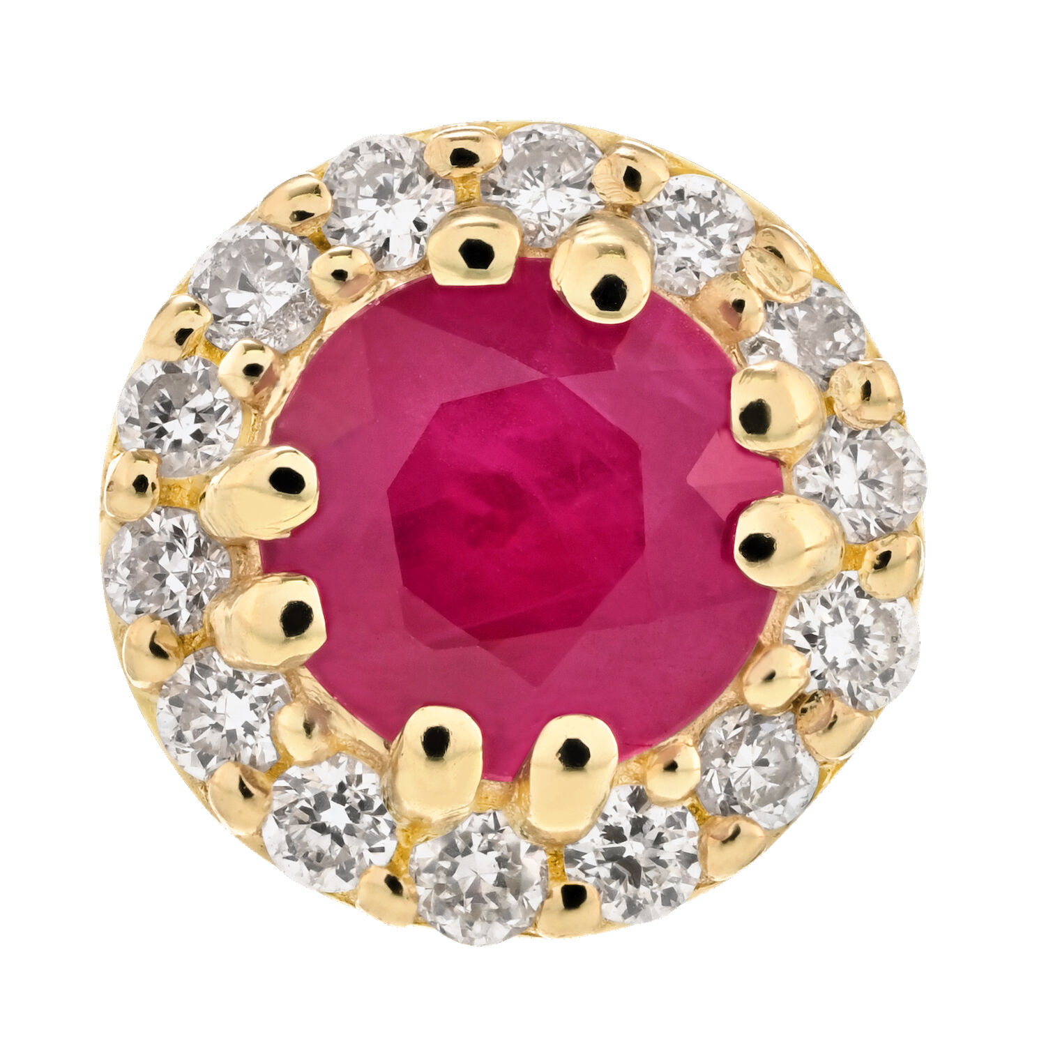 Birthstone Collection 10K Yellow Gold Round Center with Halo Studs Earrings Diamond and Ruby 0.60 Ctw