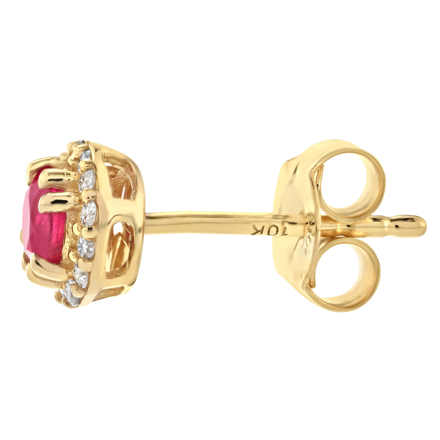 Birthstone Collection 10K Yellow Gold Round Center with Halo Studs Earrings Diamond and Ruby 0.60 Ctw