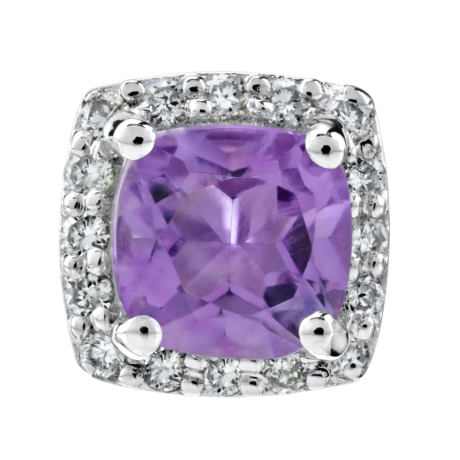 Birthstone Collection 10K White Gold Cushion Center with Halo Studs Earrings Diamond and Amethyst 0.80 Ctw