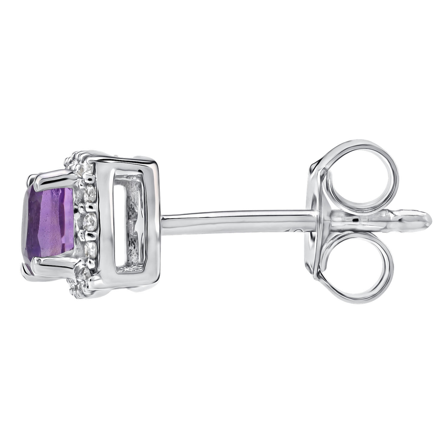 Birthstone Collection 10K White Gold Cushion Center with Halo Studs Earrings Diamond and Amethyst 0.80 Ctw