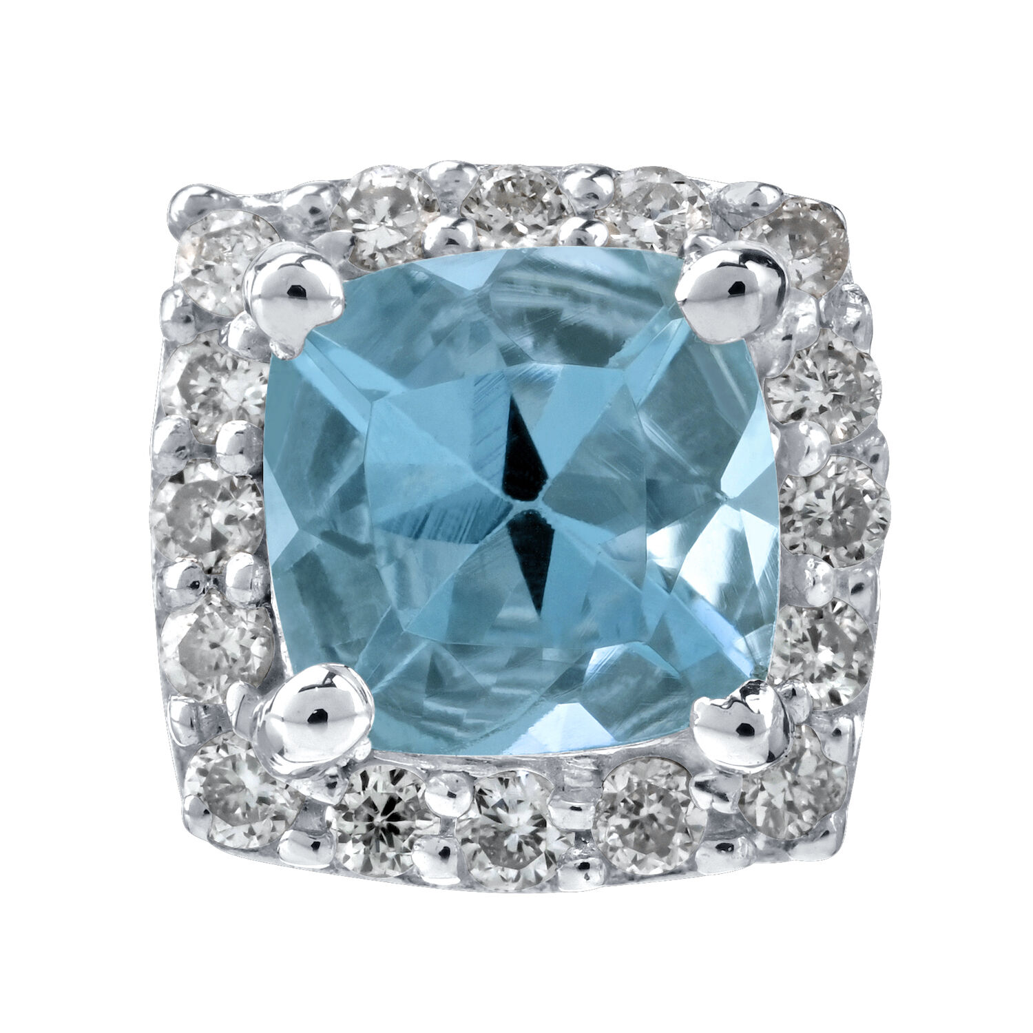 Birthstone Collection 10K White Gold Cushion Center with Halo Studs Earrings Diamond and Aqua 0.80 Ctw