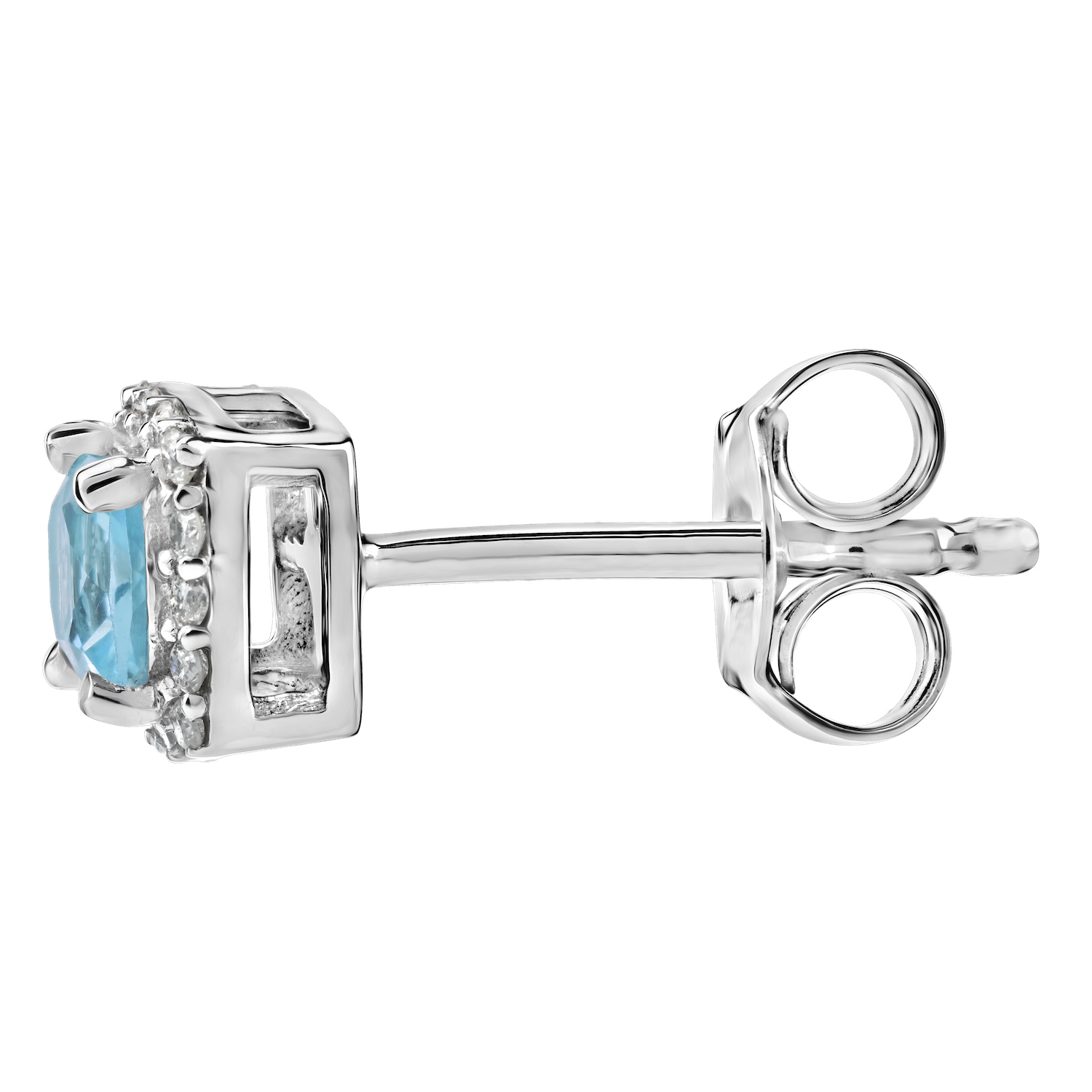 Birthstone Collection 10K White Gold Cushion Center with Halo Studs Earrings Diamond and Aqua 0.80 Ctw