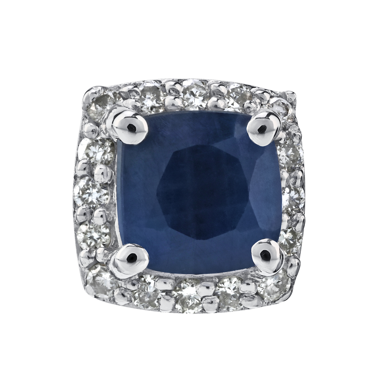 Birthstone Collection 10K White Gold Cushion Center with Halo Studs Earrings Diamond and Blue Sapphire 0.80 Ctw