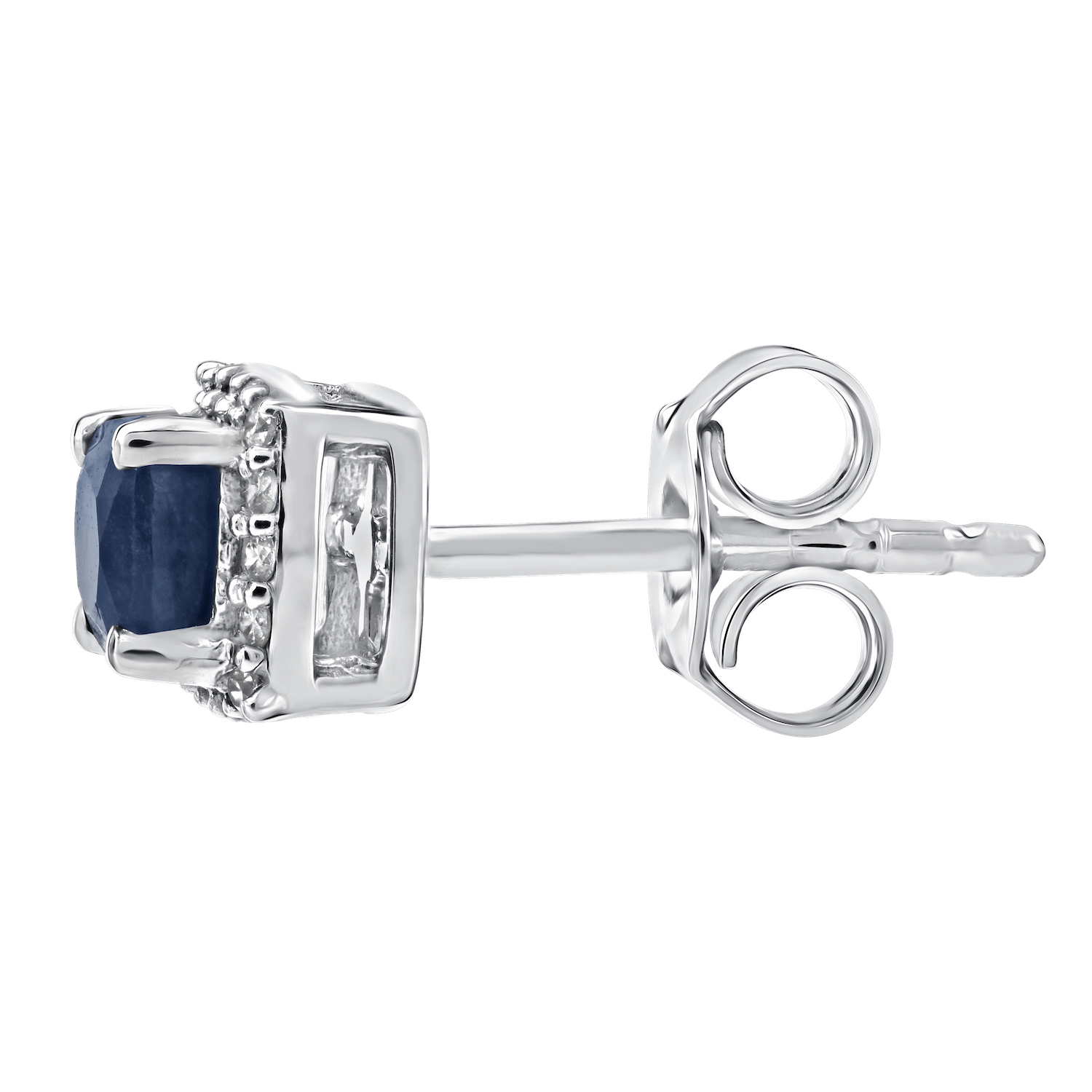 Birthstone Collection 10K White Gold Cushion Center with Halo Studs Earrings Diamond and Blue Sapphire 0.80 Ctw
