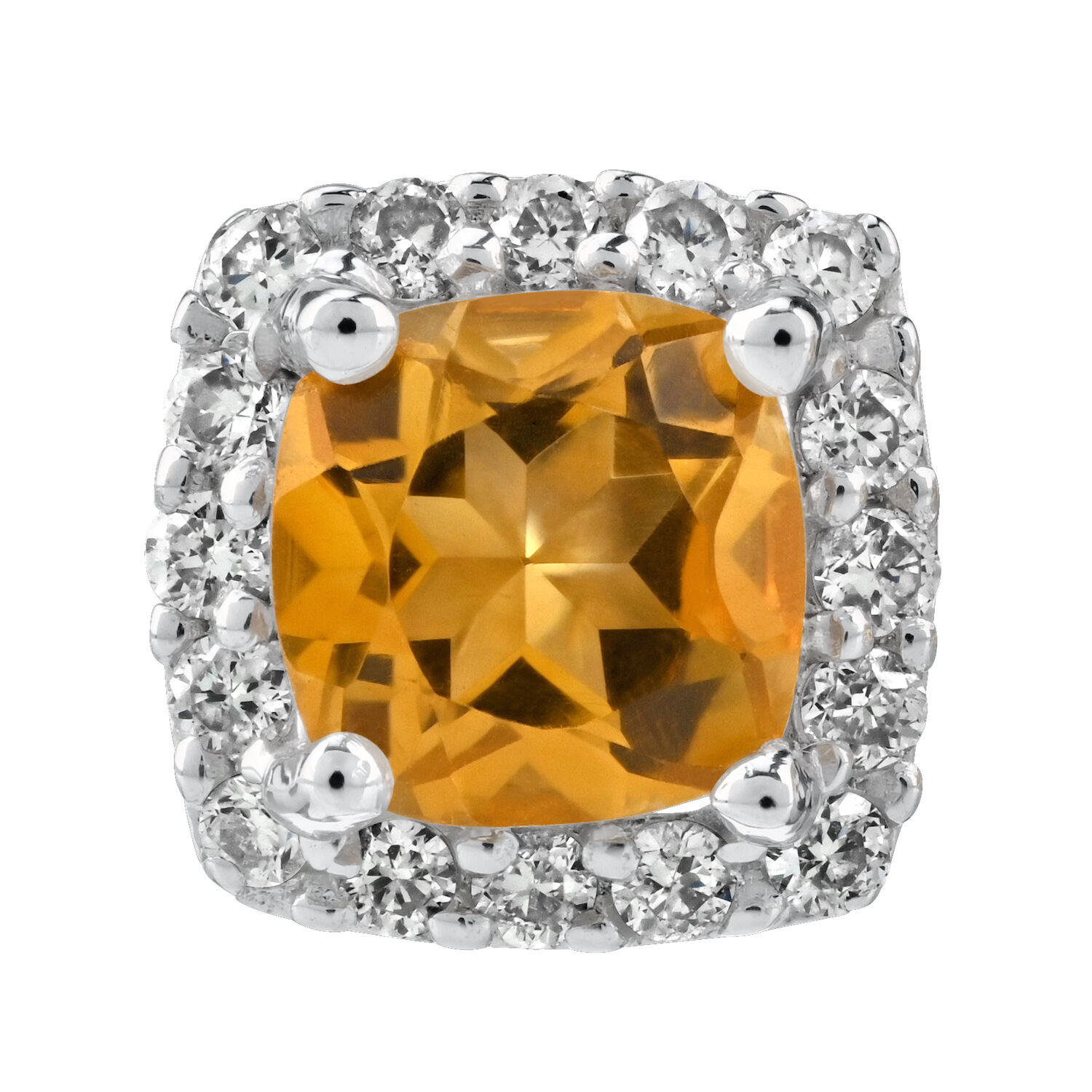 Birthstone Collection 10K White Gold Cushion Center with Halo Studs Earrings Diamond and Citrine 0.80 Ctw
