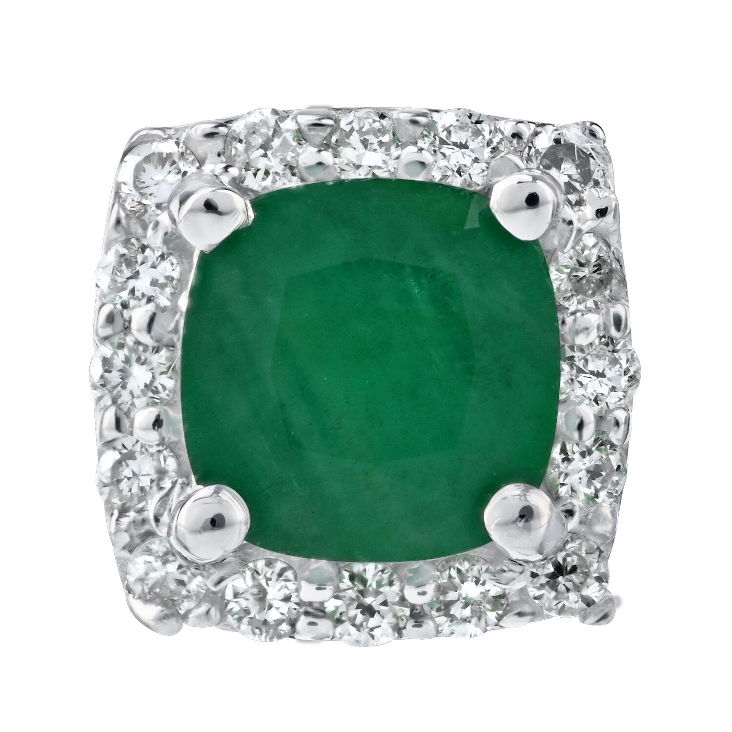 Birthstone Collection 10K White Gold Cushion Center with Halo Studs Earrings Diamond and Emerald 0.80 Ctw