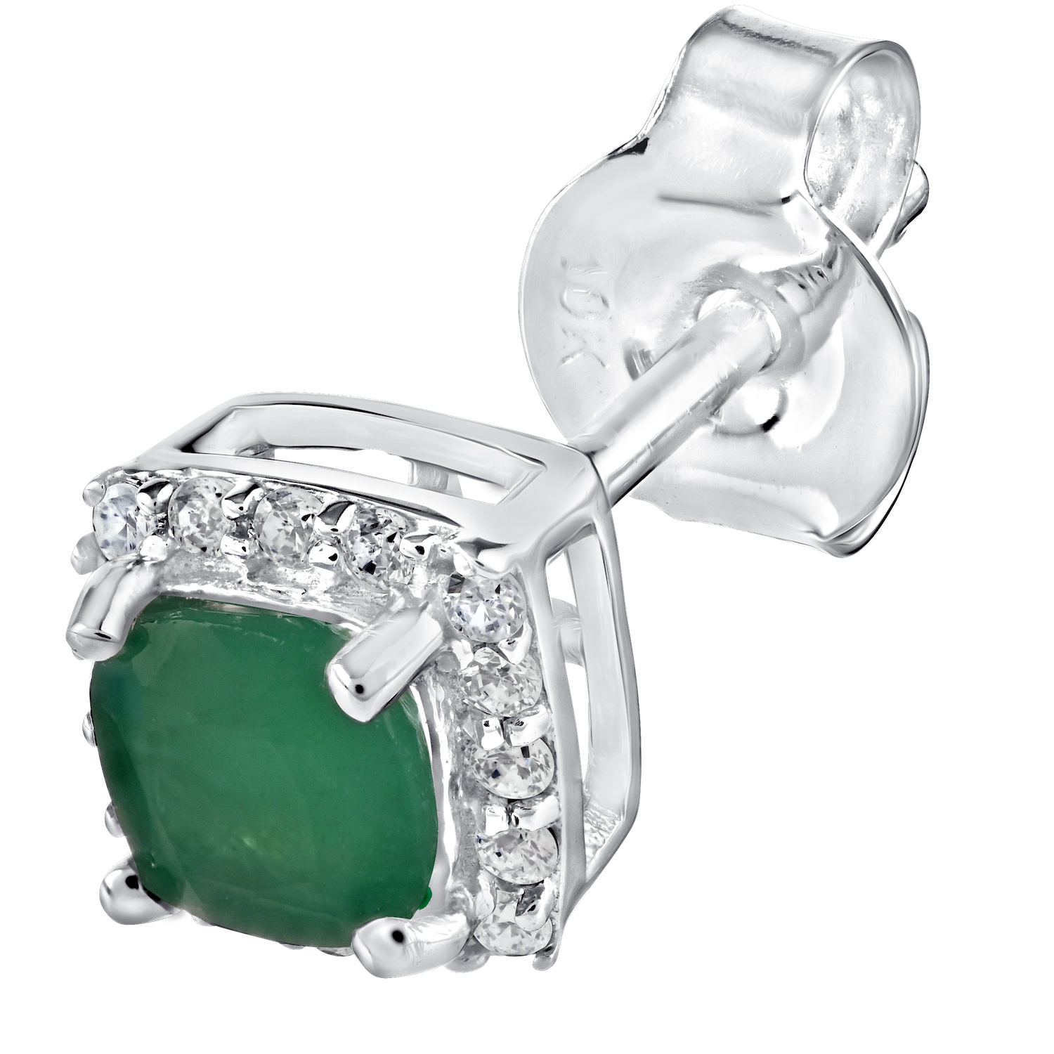 Birthstone Collection 10K White Gold Cushion Center with Halo Studs Earrings Diamond and Emerald 0.80 Ctw