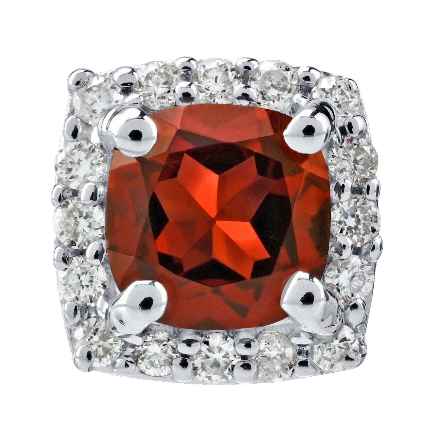 Birthstone Collection 10K White Gold Cushion Center with Halo Studs Earrings Diamond and Garnet 0.80 Ctw