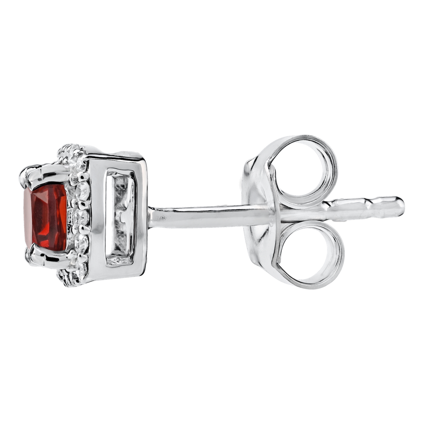 Birthstone Collection 10K White Gold Cushion Center with Halo Studs Earrings Diamond and Garnet 0.80 Ctw