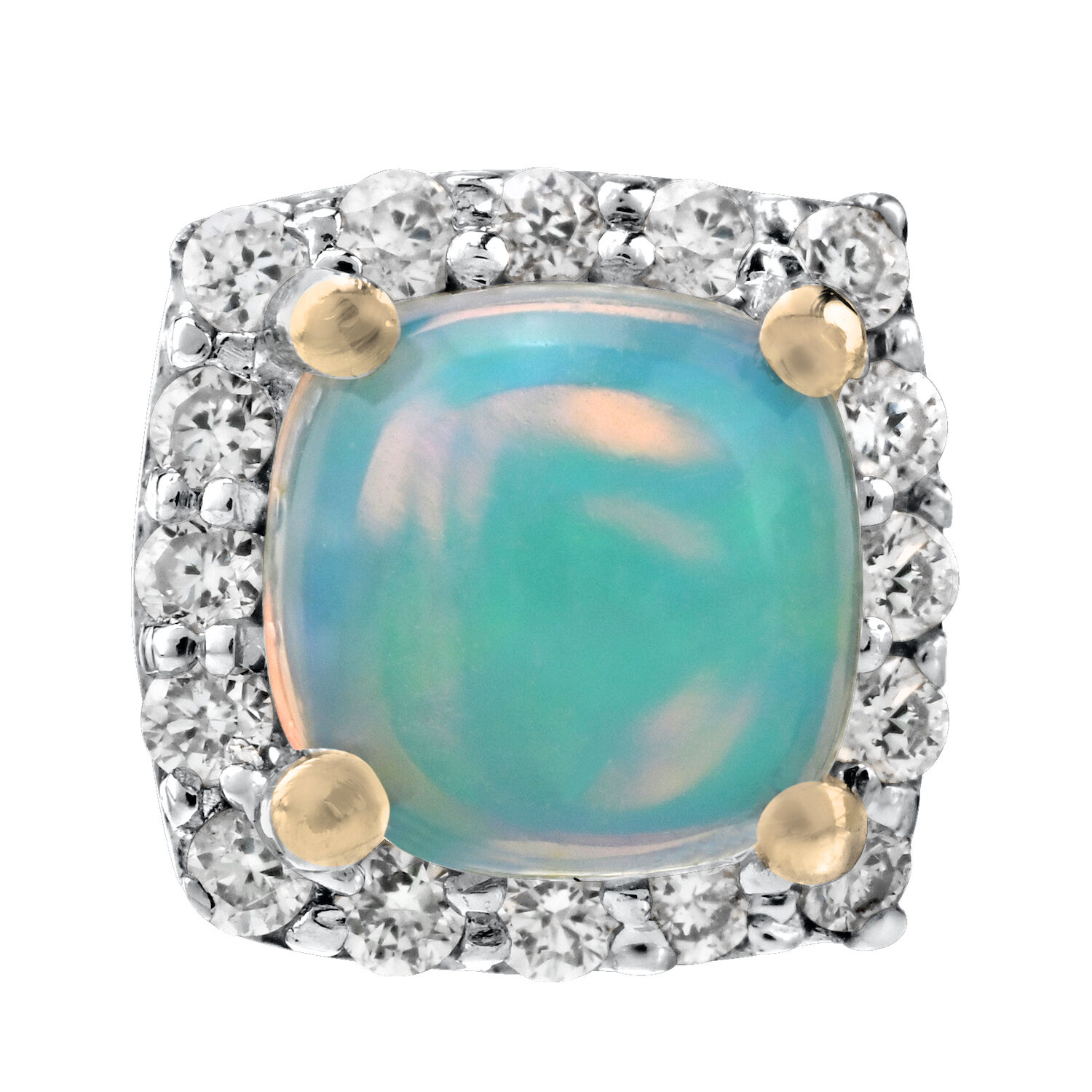 Birthstone Collection 10K White Gold Cushion Center with Halo Studs Earrings Diamond and Opal 0.80 Ctw
