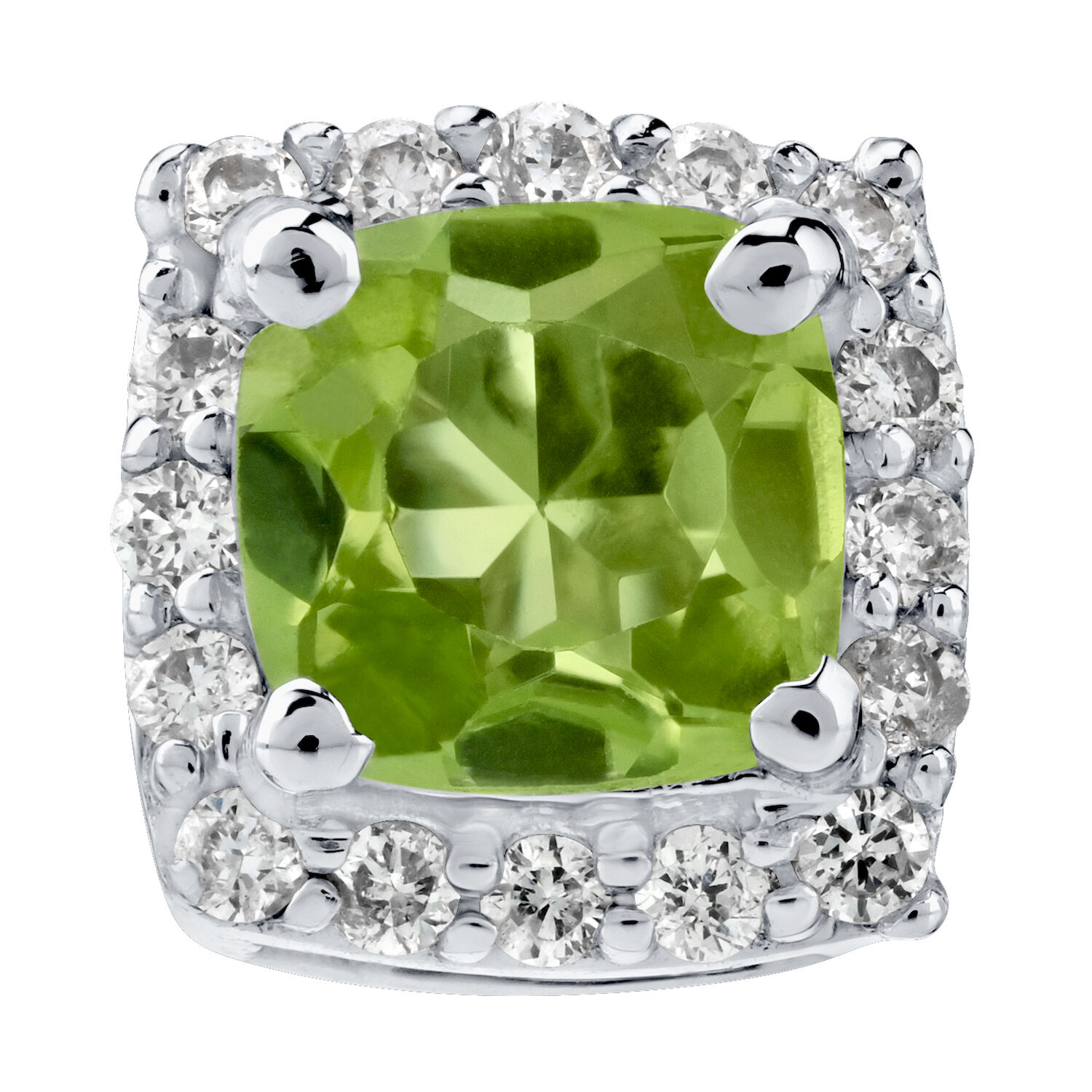 Birthstone Collection 10K White Gold Cushion Center with Halo Studs Earrings Diamond and Peridot 0.80 Ctw
