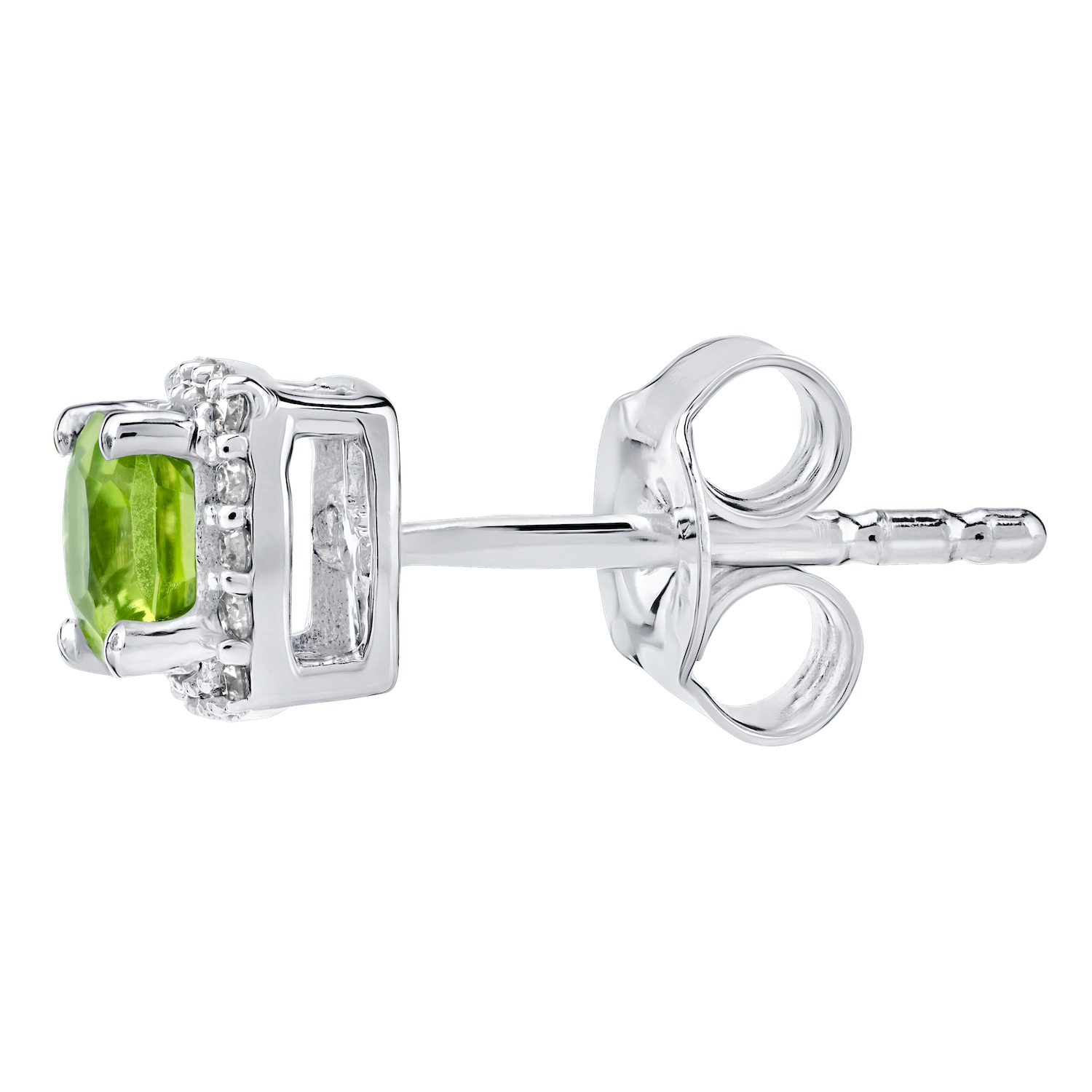 Birthstone Collection 10K White Gold Cushion Center with Halo Studs Earrings Diamond and Peridot 0.80 Ctw