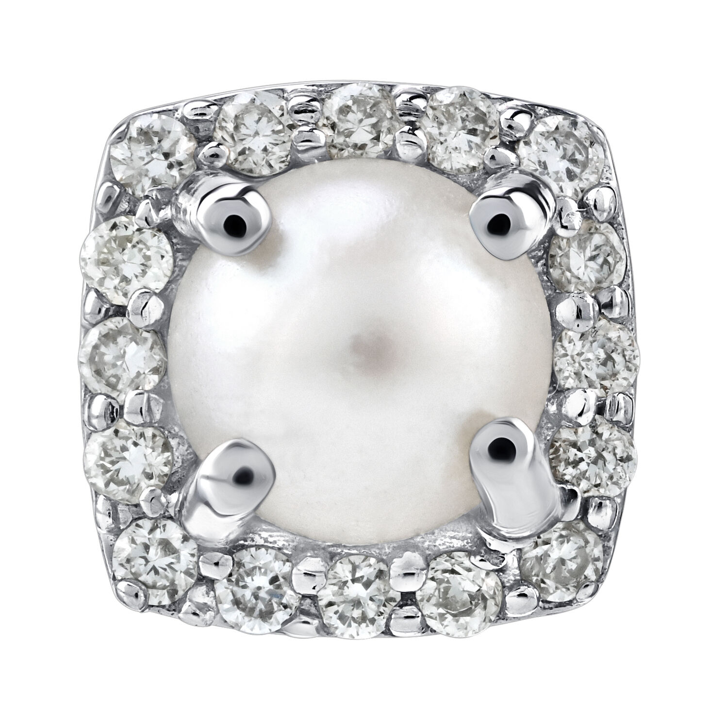 Birthstone Collection 10K White Gold Cushion Center with Halo Studs Earrings Diamond and Pearl 0.80 Ctw