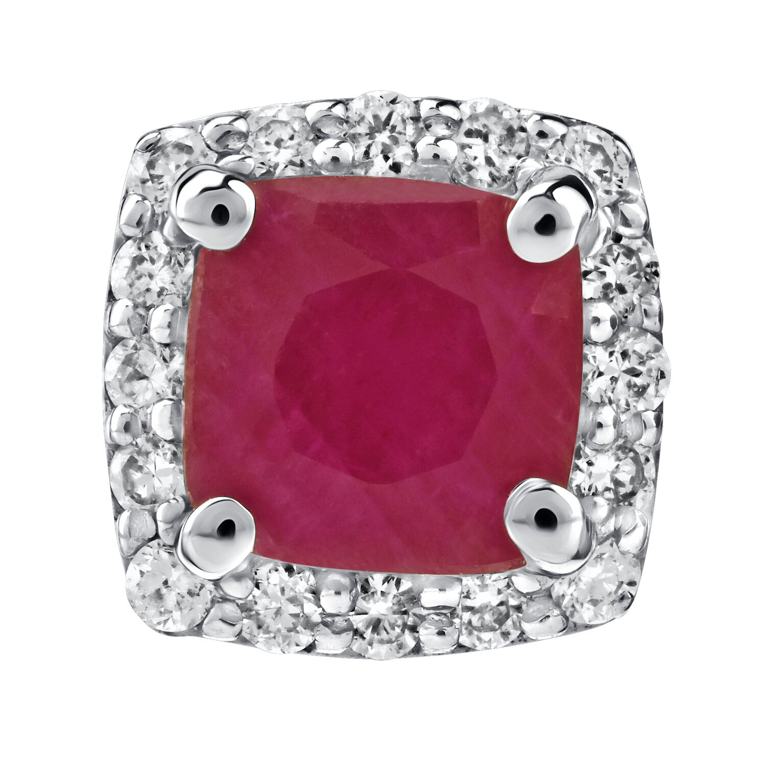 Birthstone Collection 10K White Gold Cushion Center with Halo Studs Earrings Diamond and Ruby 0.80 Ctw