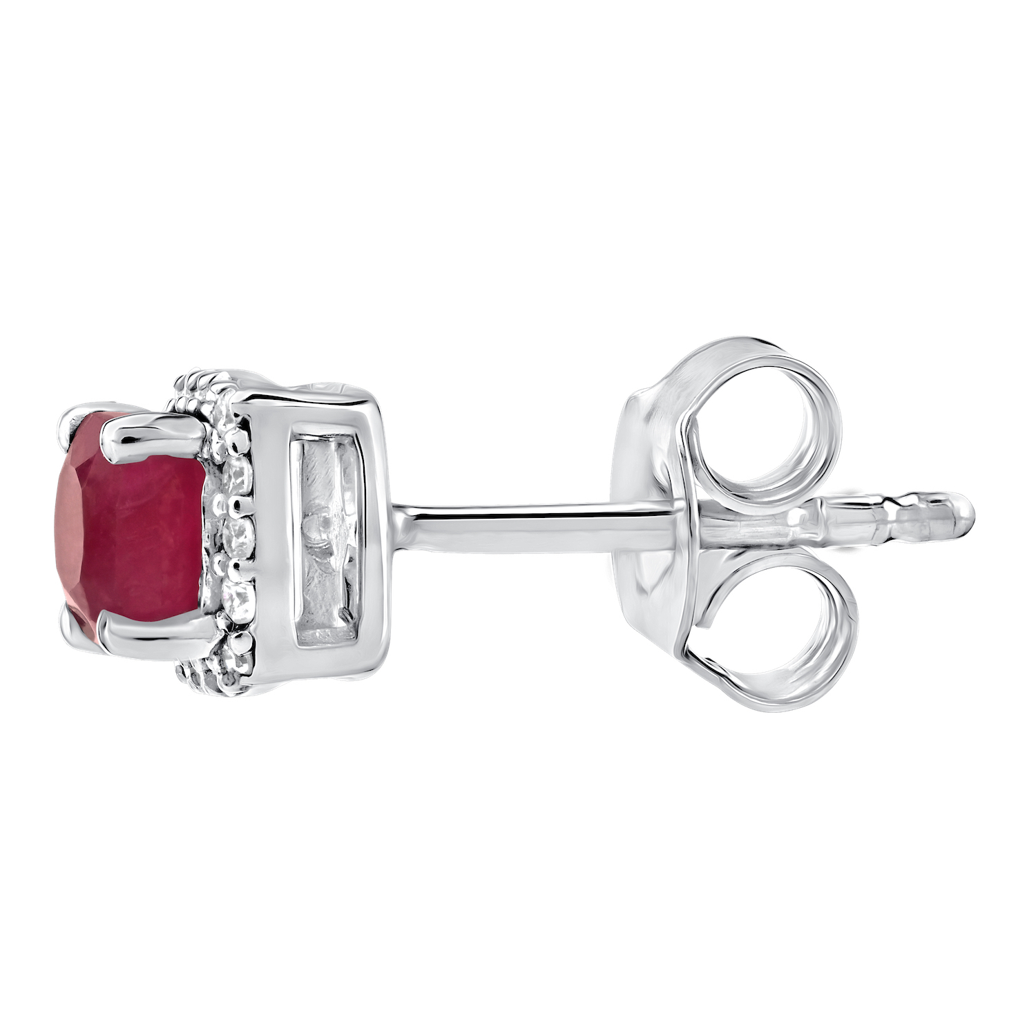 Birthstone Collection 10K White Gold Cushion Center with Halo Studs Earrings Diamond and Ruby 0.80 Ctw