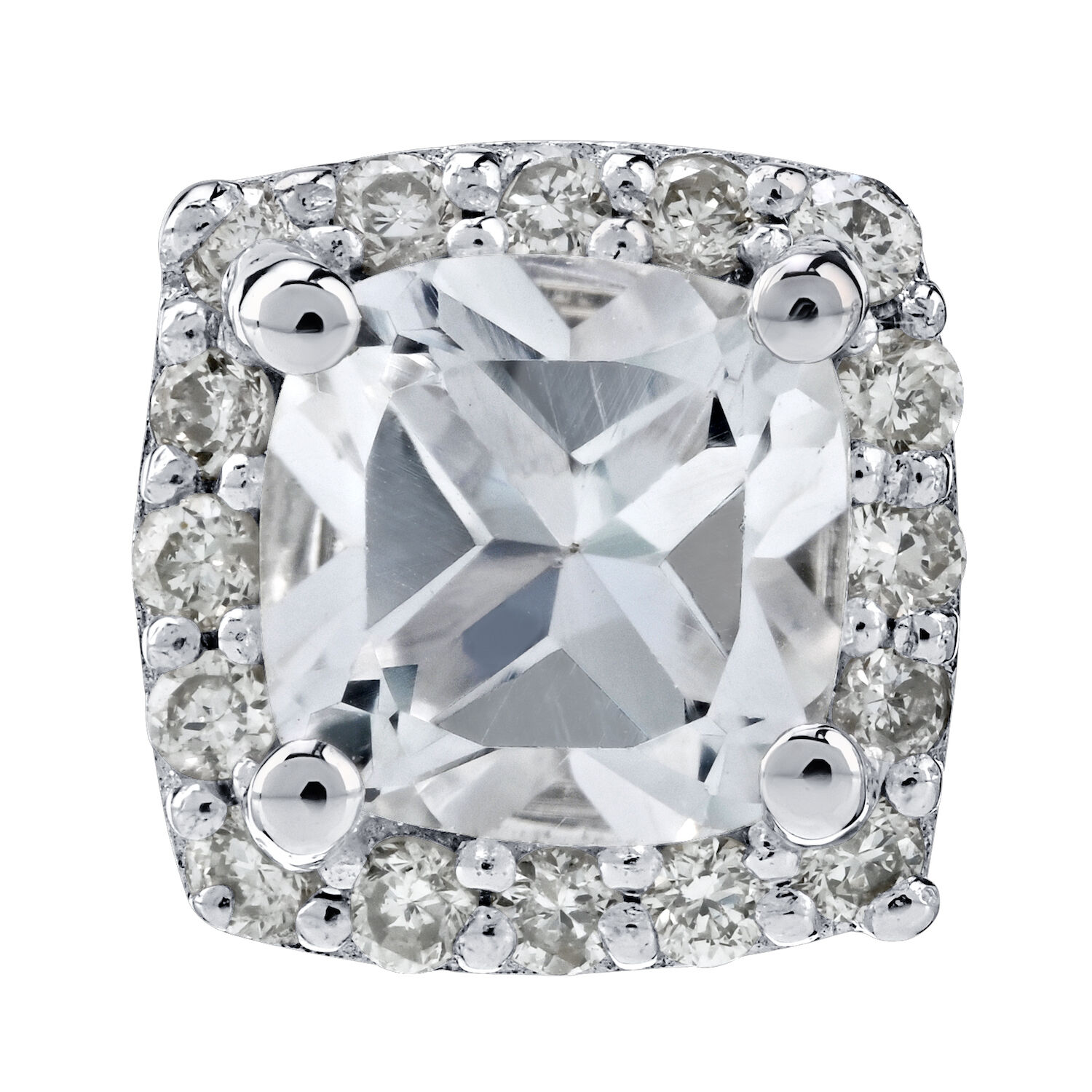 Birthstone Collection 10K White Gold Cushion Center with Halo Studs Earrings Diamond and White Topaz 0.80 Ctw
