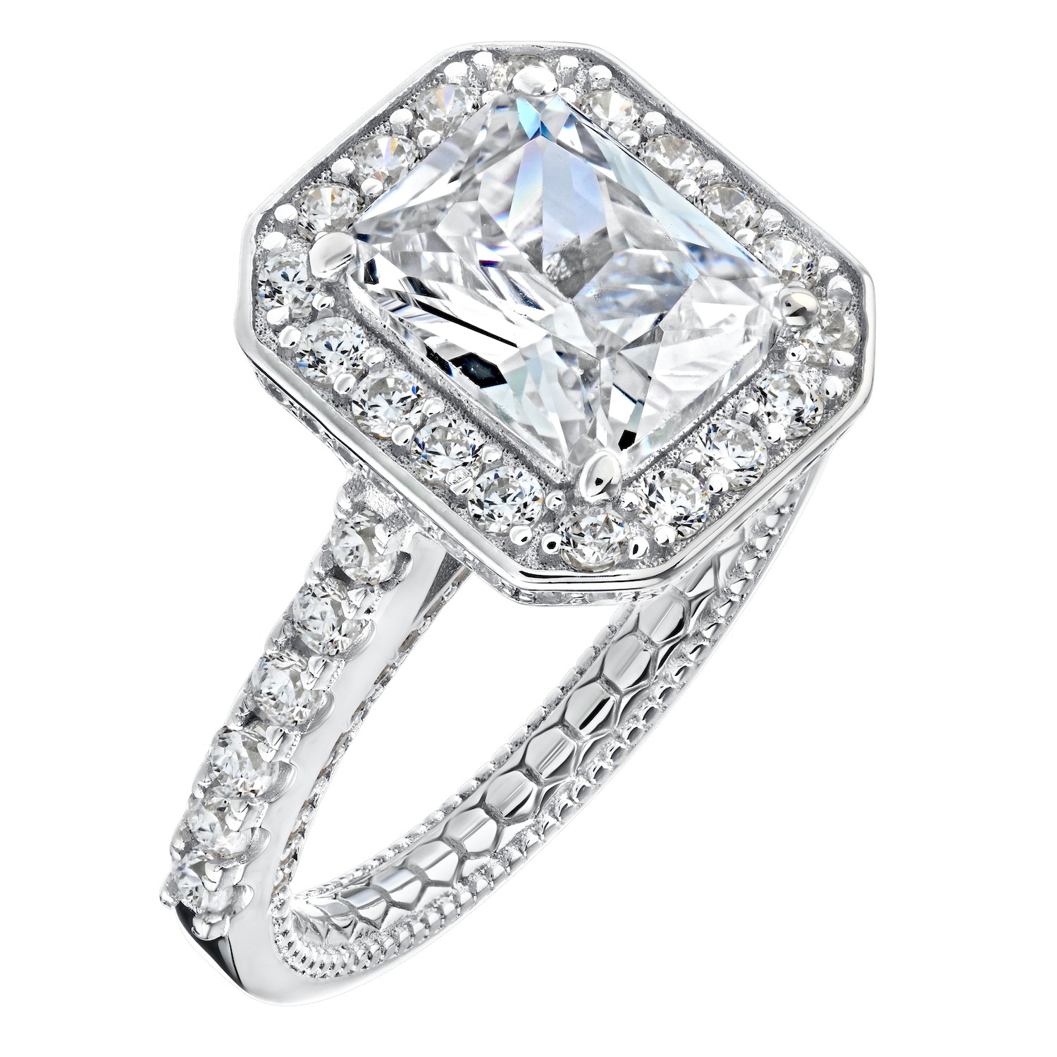 Enchanted Love&trade; 14K White Gold Diamond 1.00 Ctw Emerald Cut Bezel Halo Diamond Set Shank Semi-Mount Engagement Ring