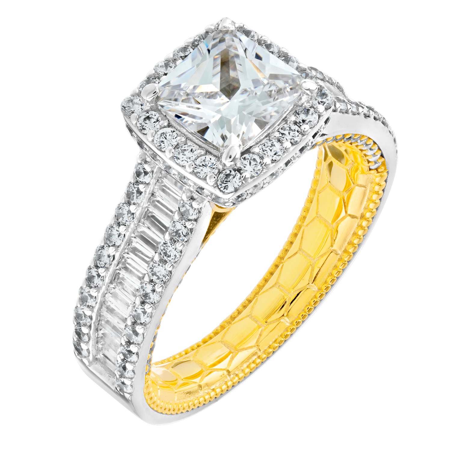 Enchanted Love&trade; 14K Two Tone Diamond 1.75 Ctw Asscher Halo Baguette & Rd. Shank Semi-Mount Engagement Ring