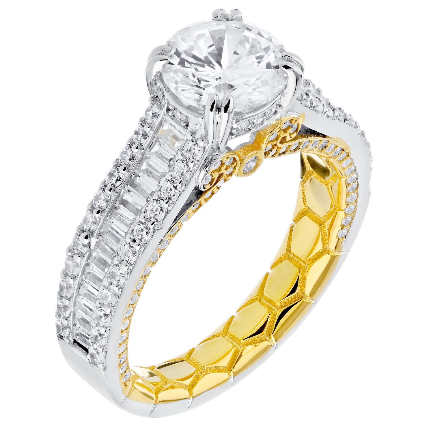 Enchanted Love&trade; 14K Two Tone Diamond 1.33 Ctw Channel Set Baguettes with Round Prong Set Rails Semi-Mount Engagement Ring