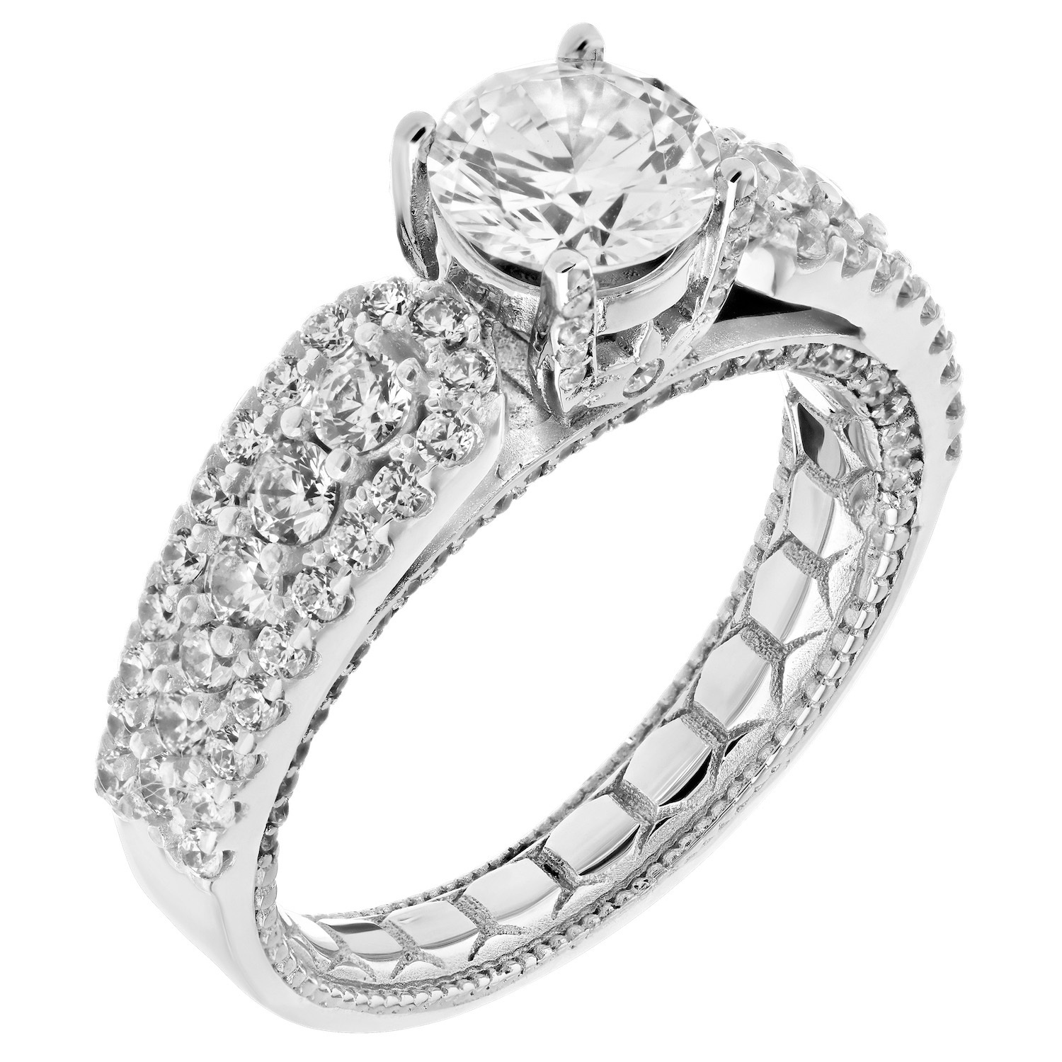Enchanted Love&trade; 14K White Gold Diamond 1.00 Ctw Round Prong Set Center with 3 Rows Prong Set Shoulders Semi-Mount Engagement Ring