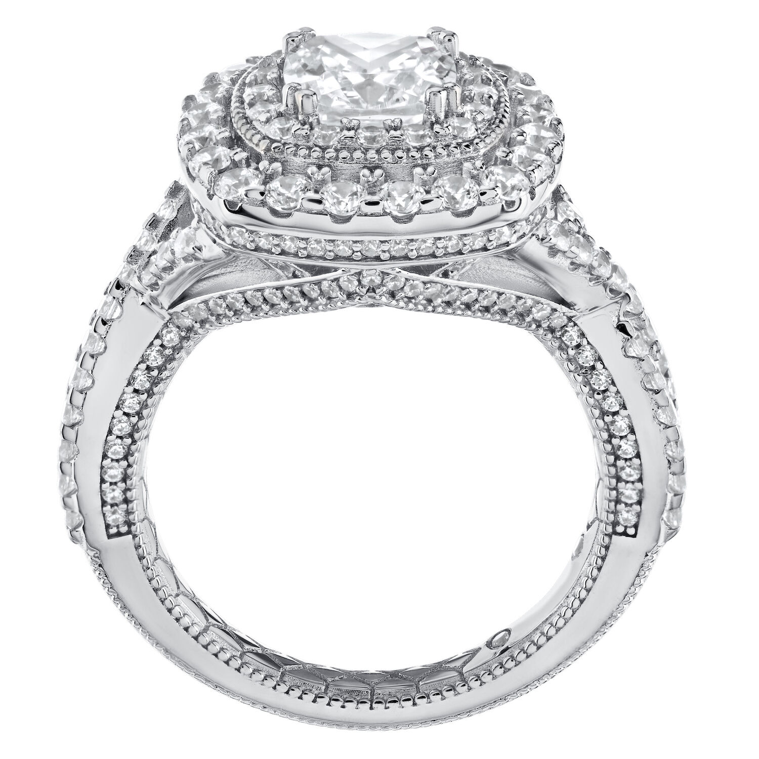 Enchanted Love&trade; 14K White Gold Diamond 1.75 Ctw Square Cushion Double Halo Center with Crossover Shoulders Semi-Mount Engagement Ring